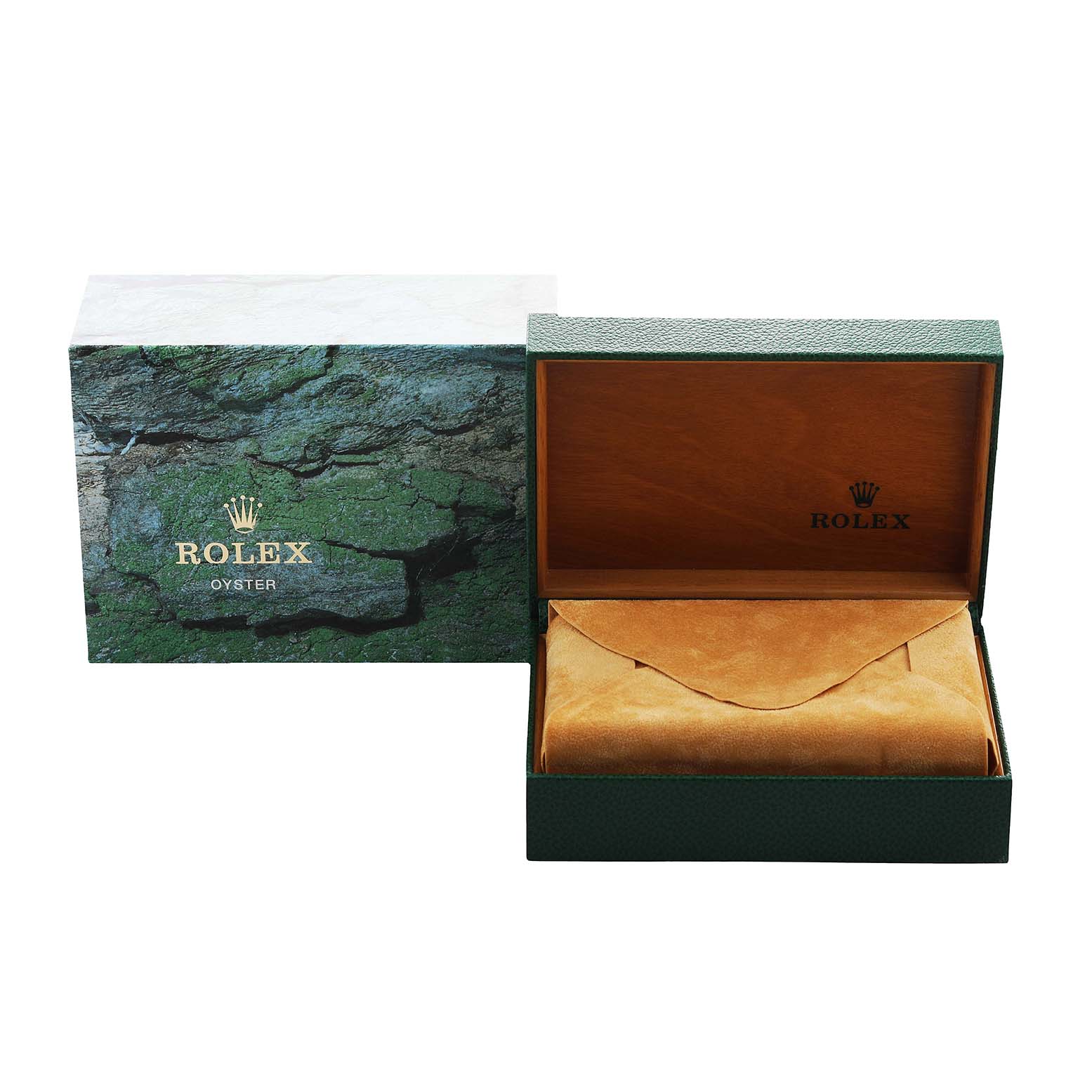 The image shows a Rolex Datejust 16220 Men's Stainless Steel Silver Dial watch box and pillow, with the outer box featuring a green textured pattern.