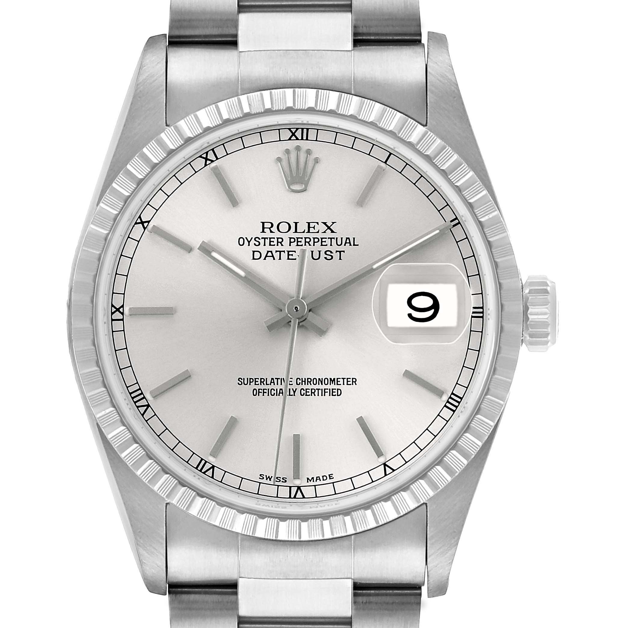 The image shows a front view of the Rolex Datejust 16220 Men's Stainless Steel Silver Dial, highlighting the dial, bezel, and part of the bracelet.