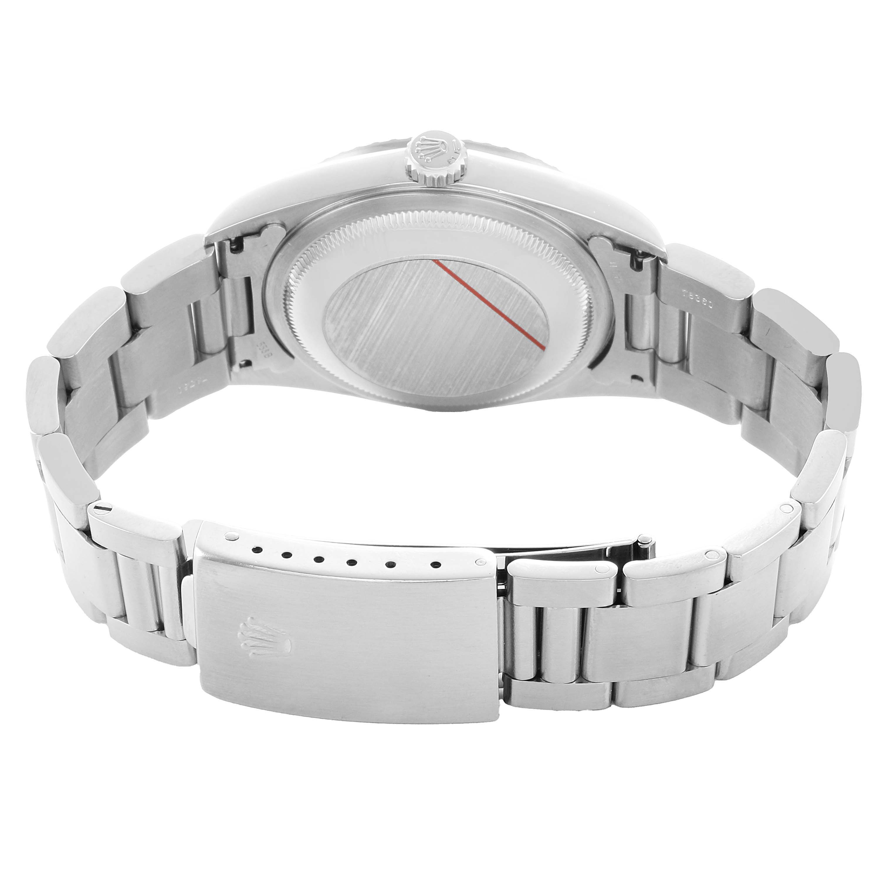 The Rolex Datejust 16220 Men's Stainless Steel Silver Dial is shown from the back, displaying the case, crown, and bracelet clasp.