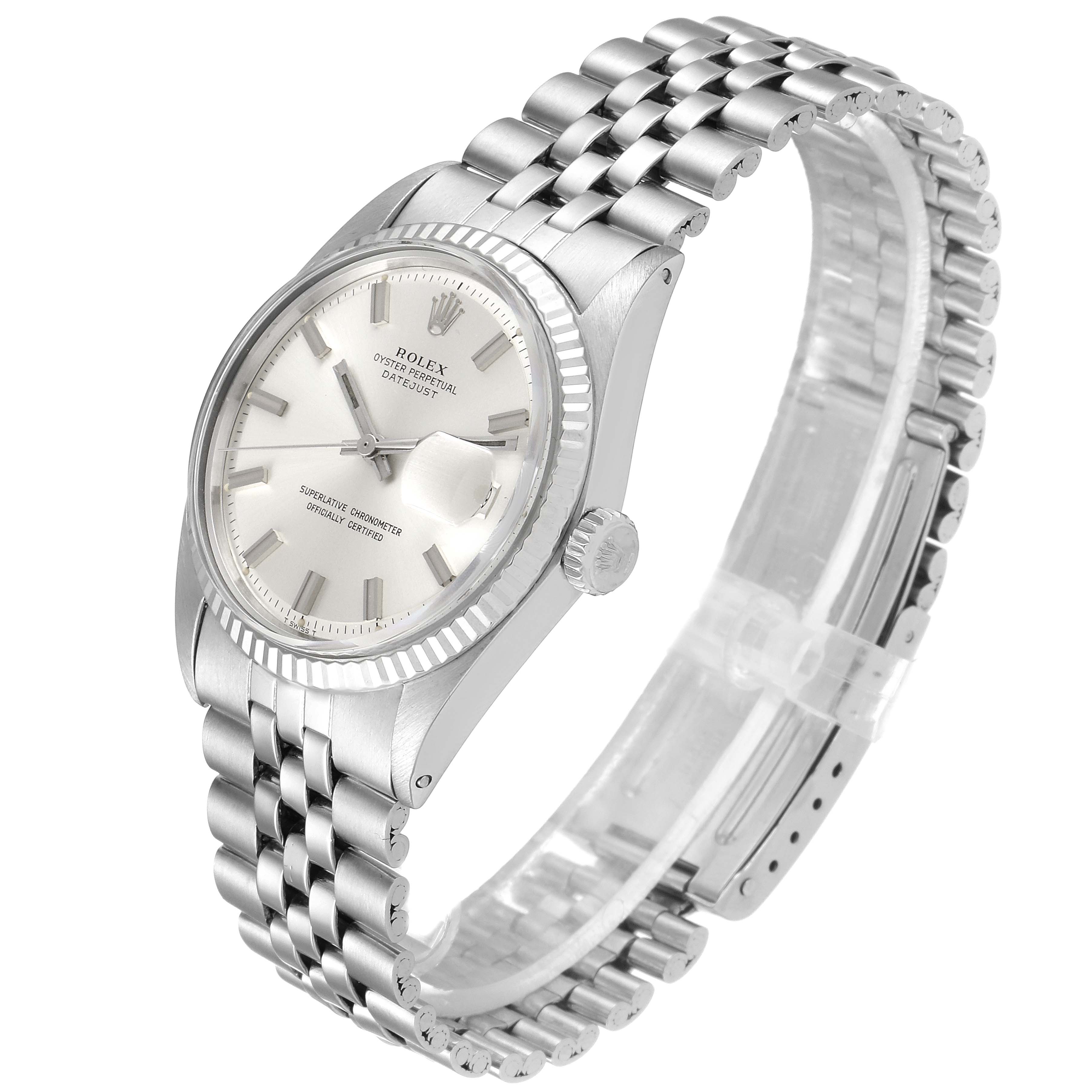 The image shows a Rolex Vintage Collection 1601 Men
s Stainless Steel Silver Dial 1601 Men
s Stainless Steel Silver Dial model watch at a slightly angled side view, highlighting the face, bezel, crown, and bracelet.