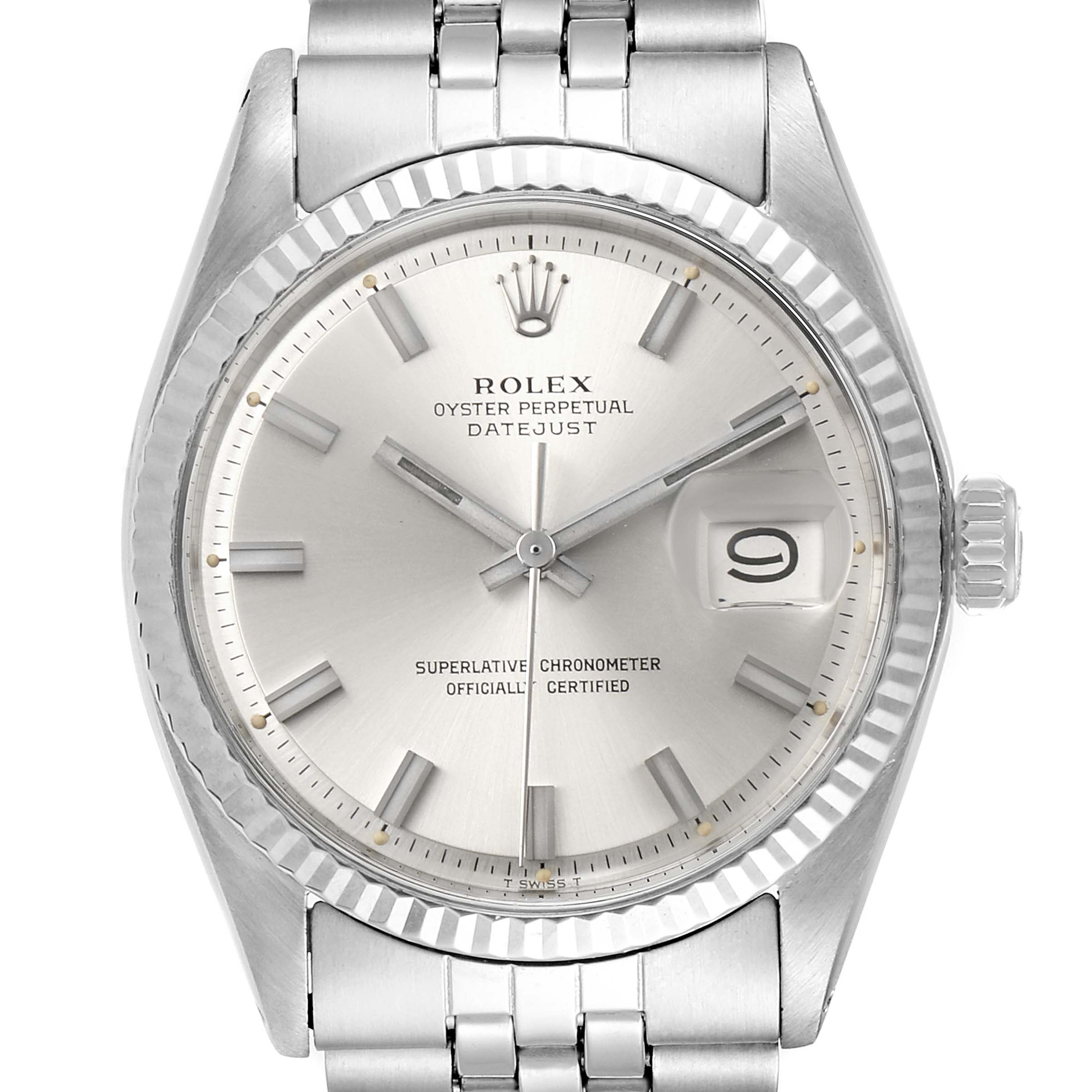 The image shows a frontal view of the Rolex Vintage Collection 1601 Men
s Stainless Steel Silver Dial 1601 Men
s Stainless Steel Silver Dial
s Oyster Perpetual Datejust watch, showcasing its dial, bezel, and bracelet.