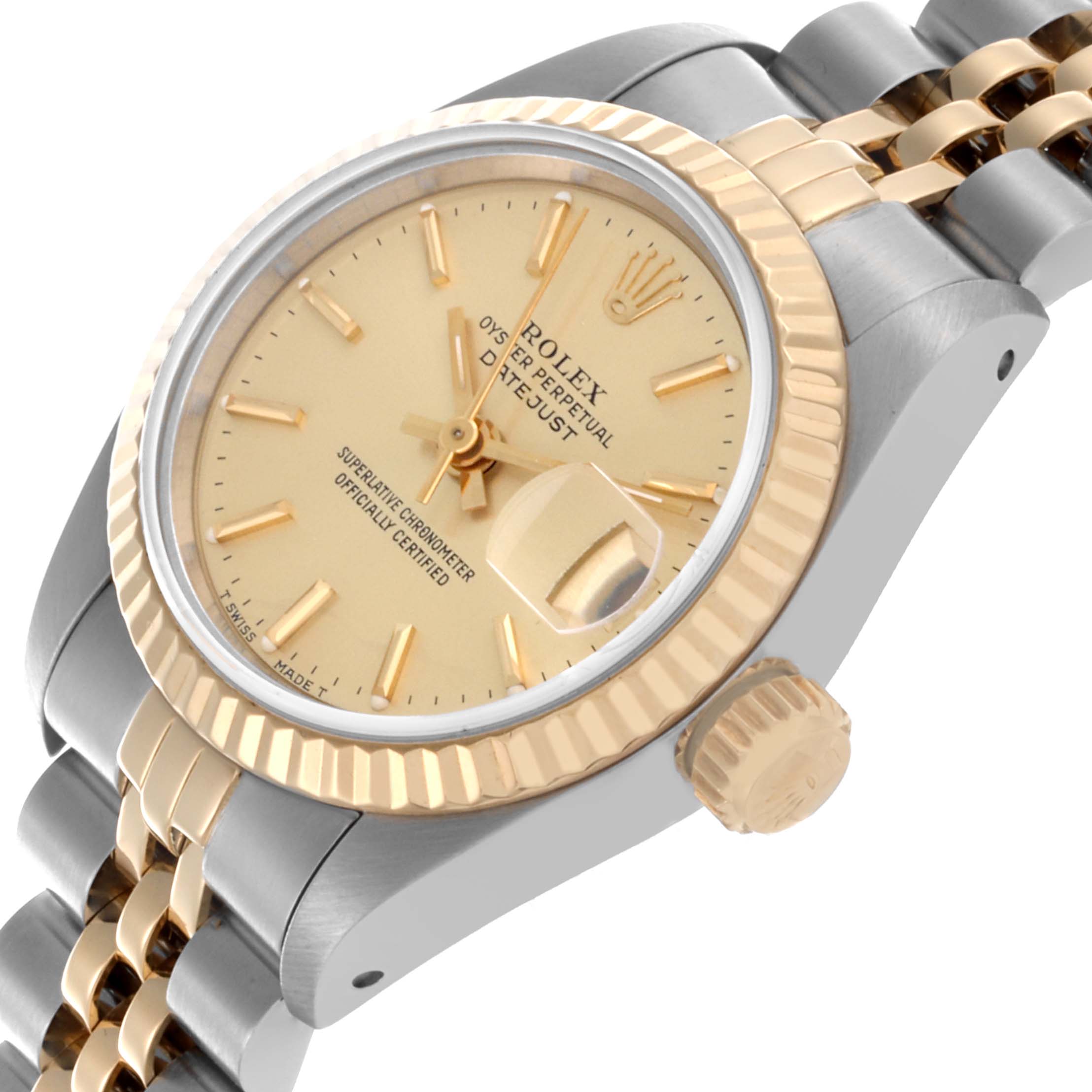 The image shows a side angle of the Rolex Datejust 69173 Women's Steel and Gold (two tone) Champagne Dial 69173 Women's Steel and Gold (two tone) Champagne Dial watch, highlighting the dial, bezel, crown, and part of the bracelet.