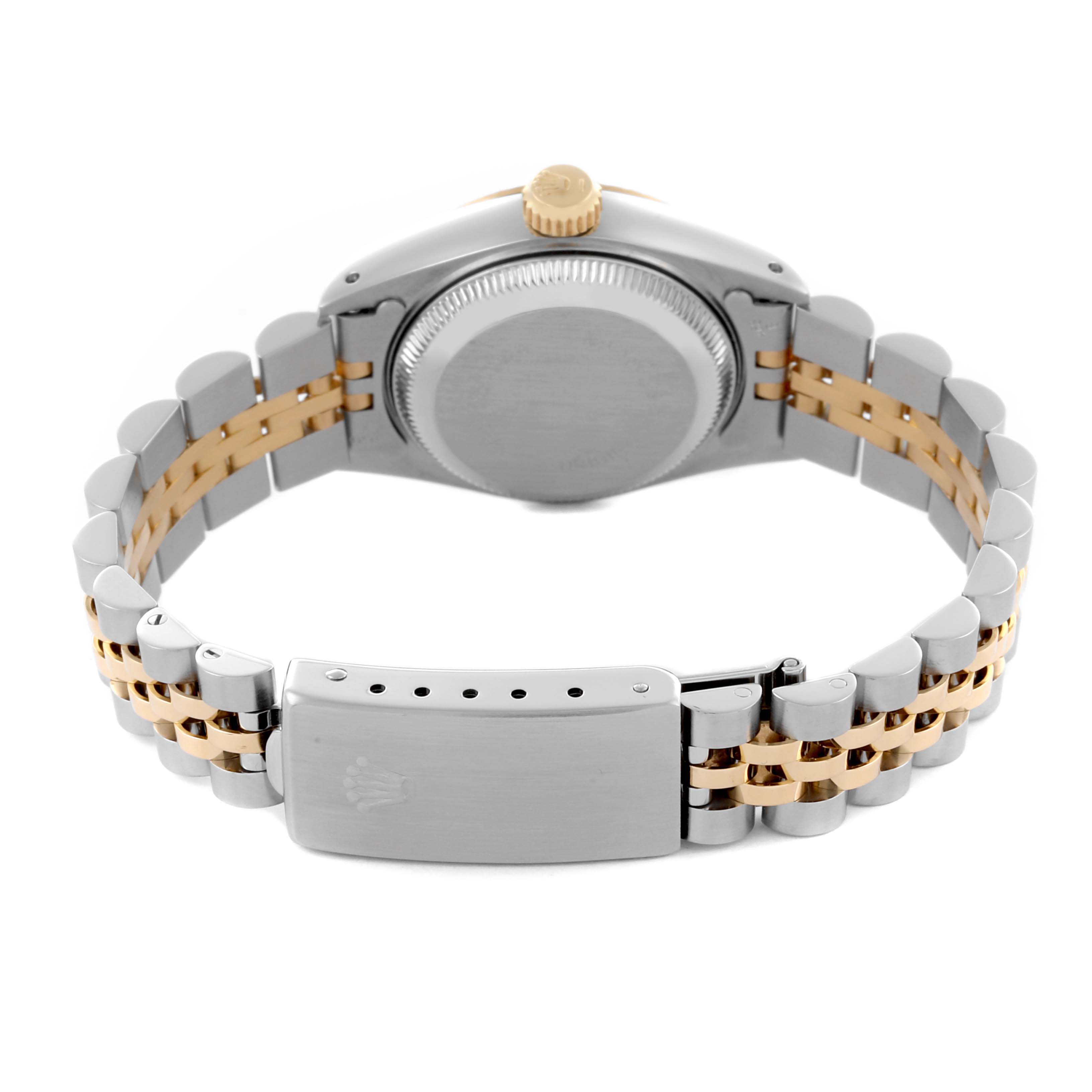 The image shows the back of the Rolex Datejust 69173 Women's Steel and Gold (two tone) Champagne Dial 69173 Women's Steel and Gold (two tone) Champagne Dial, featuring the case, bracelet, and clasp.