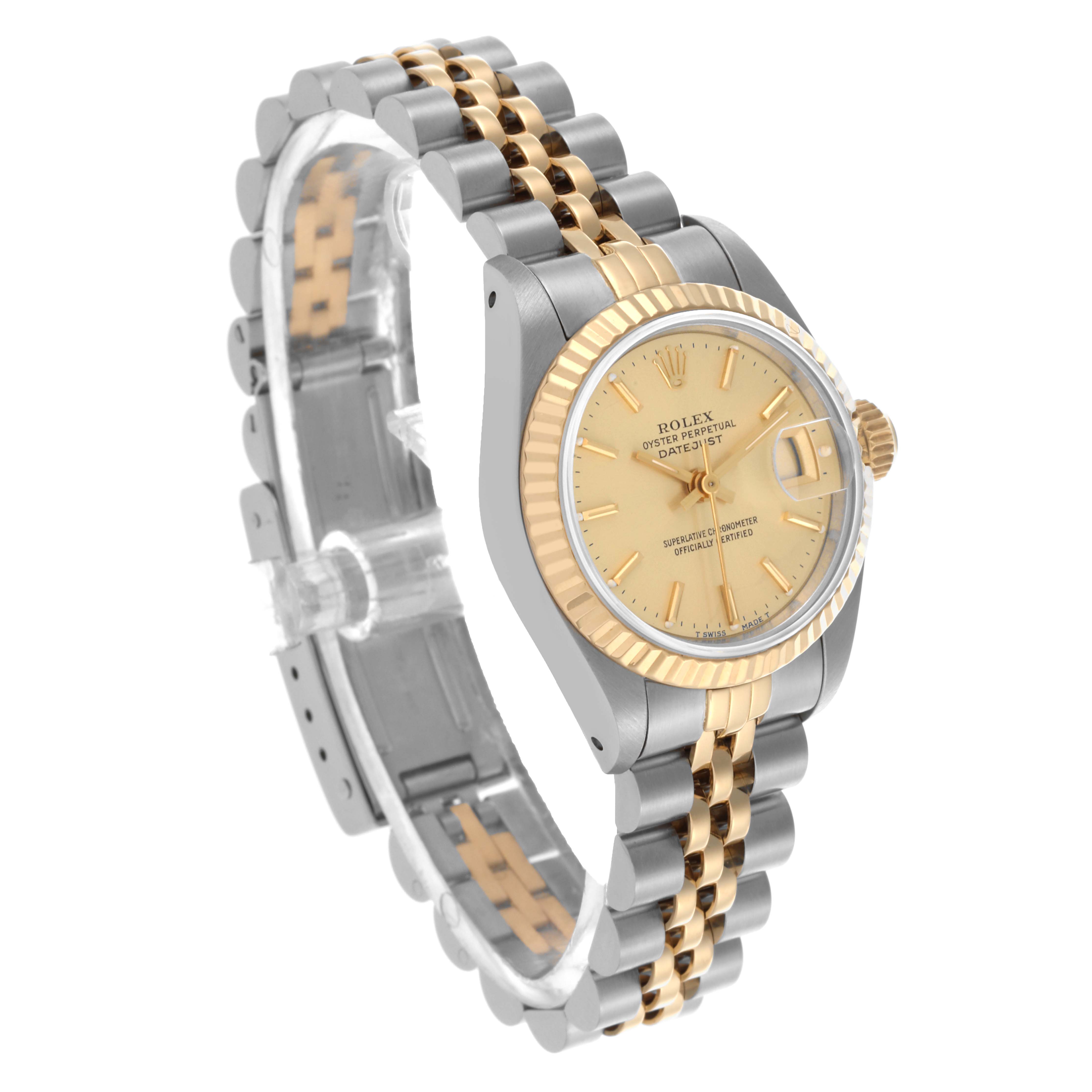 The Rolex Datejust 69173 Women's Steel and Gold (two tone) Champagne Dial 69173 Women's Steel and Gold (two tone) Champagne Dial watch is shown at an angle featuring the face, bezel, crown, and part of the bracelet.