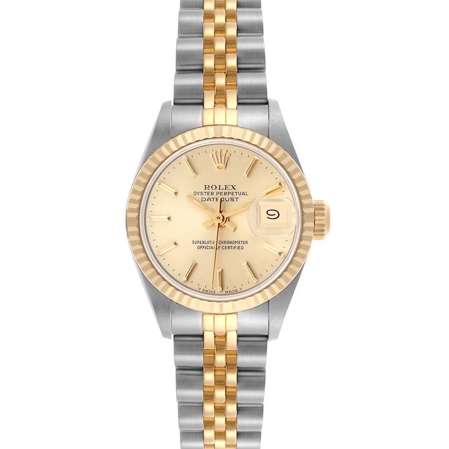 The Rolex Datejust watch is shown from the front, highlighting its dial, bezel, and two-tone bracelet.