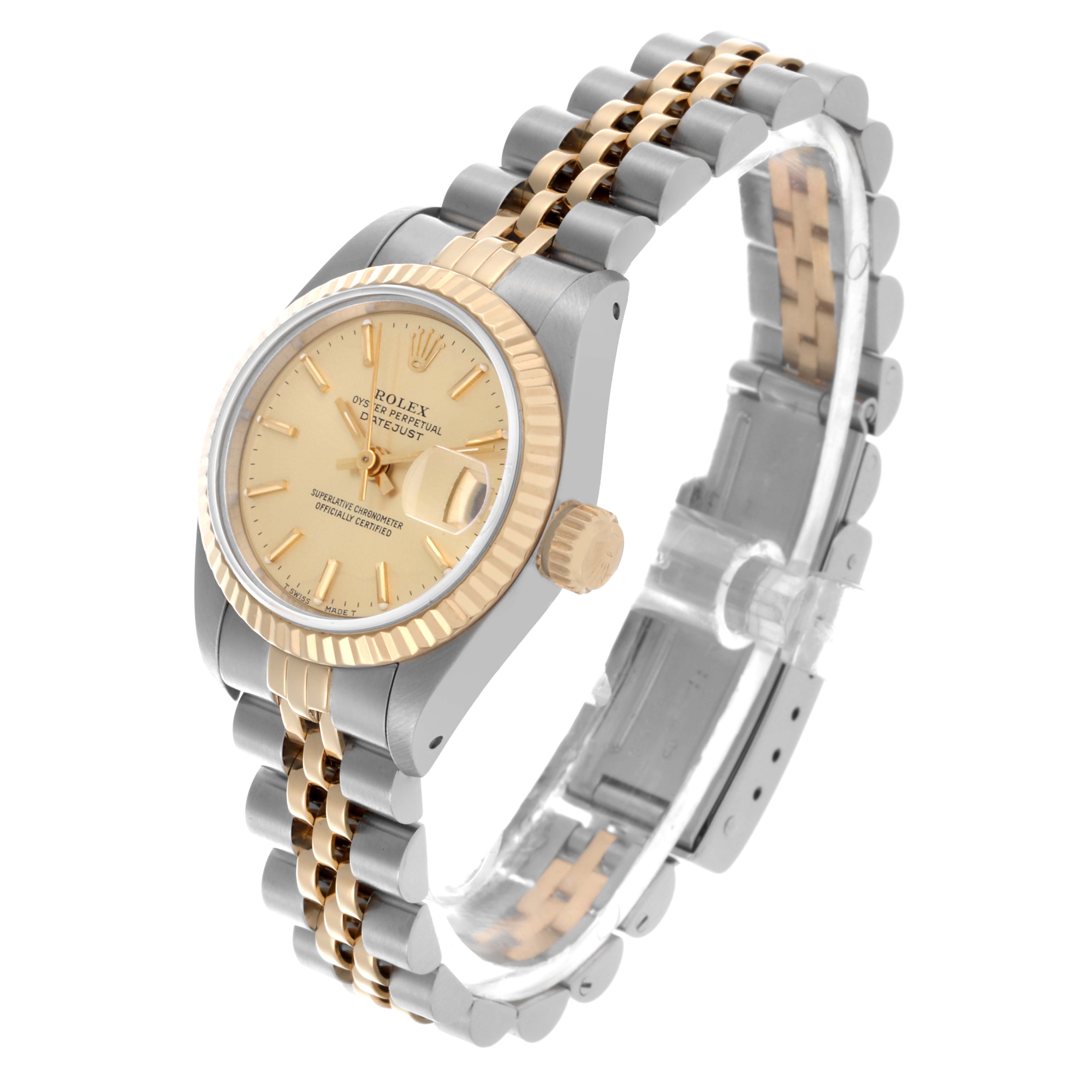 The Rolex Datejust 69173 Women's Steel and Gold (two tone) Champagne Dial 69173 Women's Steel and Gold (two tone) Champagne Dial watch is shown in a three-quarter angle highlighting the dial, bezel, crown, and two-tone bracelet.
