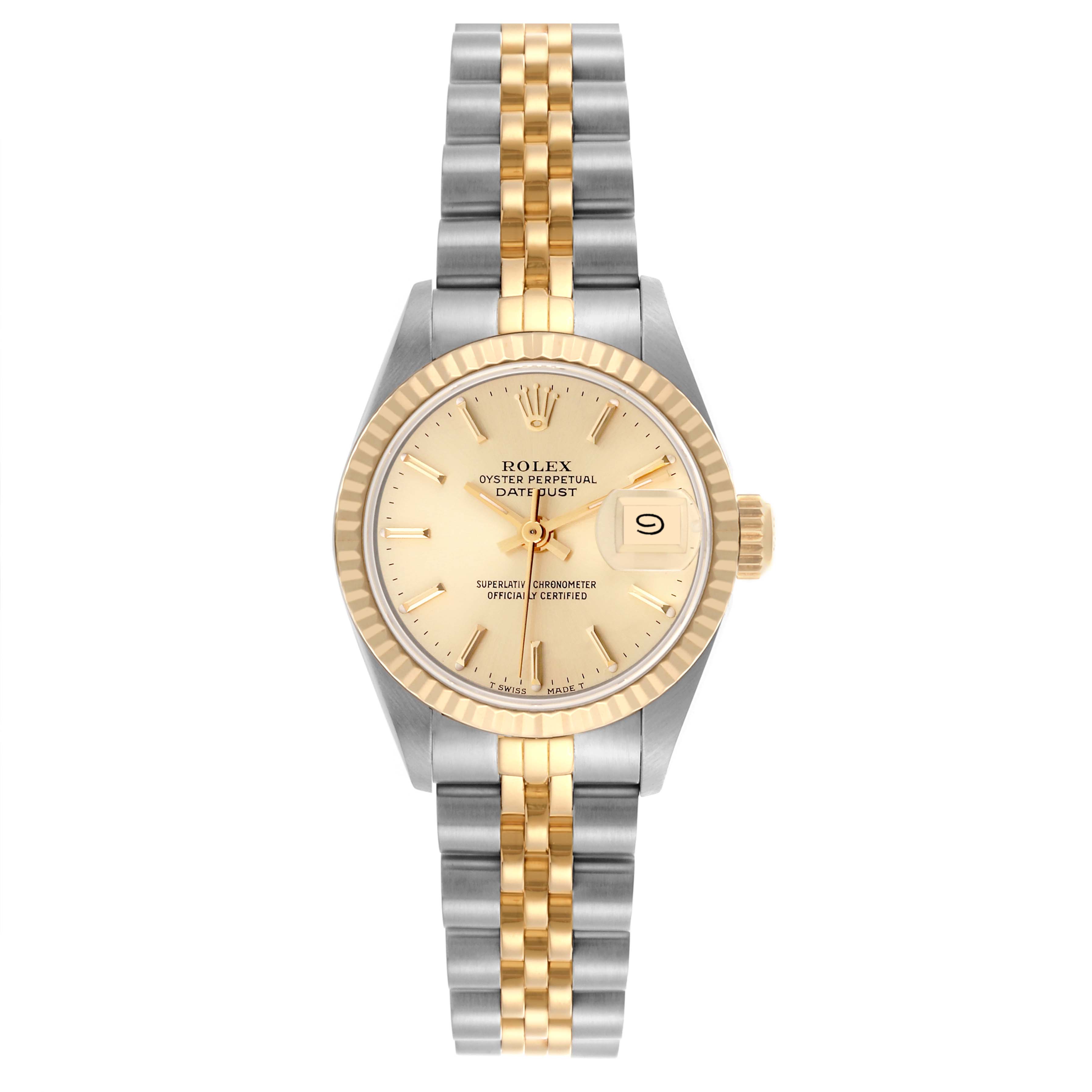 The Rolex Datejust 69173 Women's Steel and Gold (two tone) Champagne Dial 69173 Women's Steel and Gold (two tone) Champagne Dial watch is shown from the front, highlighting the face, bezel, crown, and two-tone bracelet.