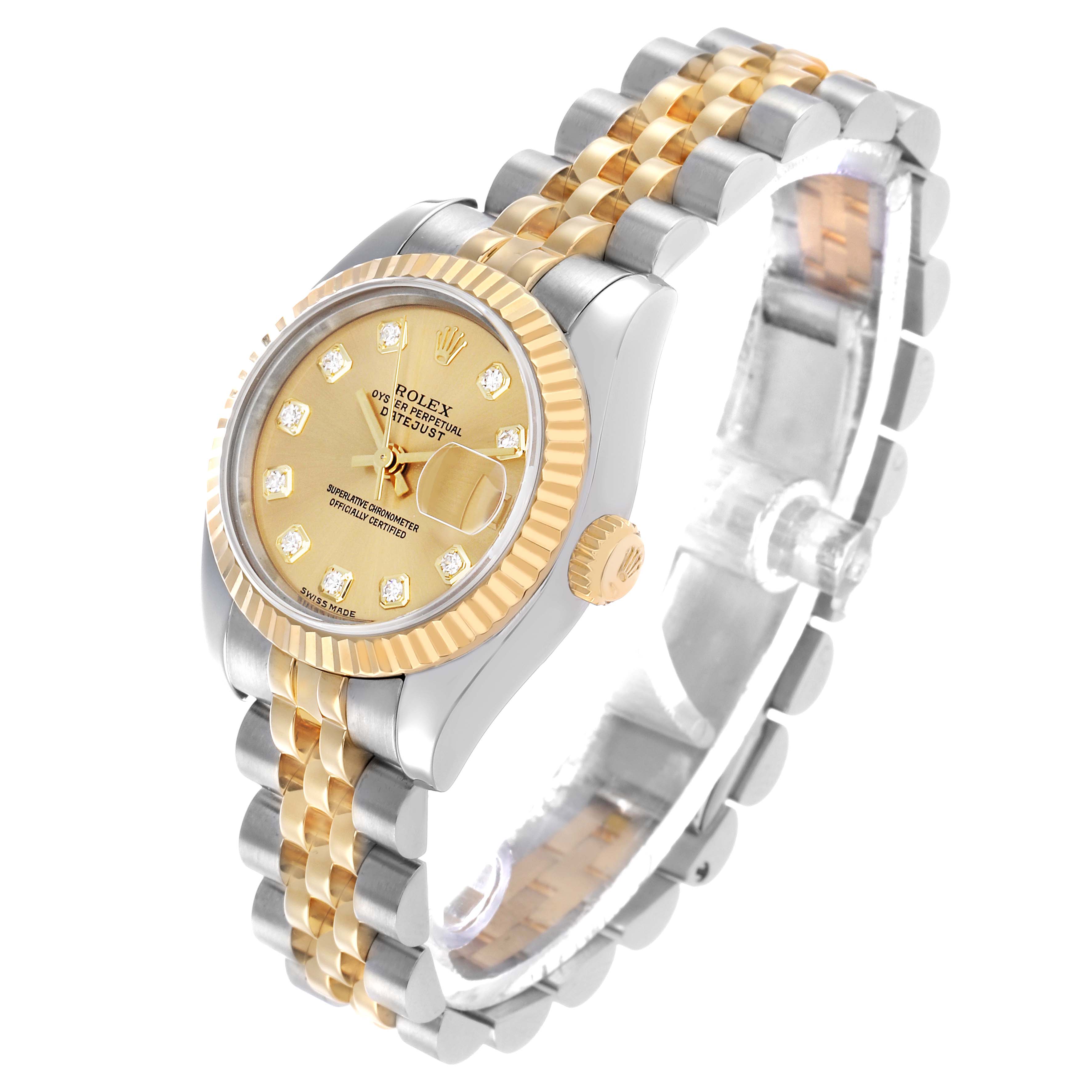 The Rolex Datejust 179173 Women's Steel and Gold (two tone) Champagne Dial watch is displayed at an angled side view, showing the face, bezel, crown, and Jubilee bracelet.