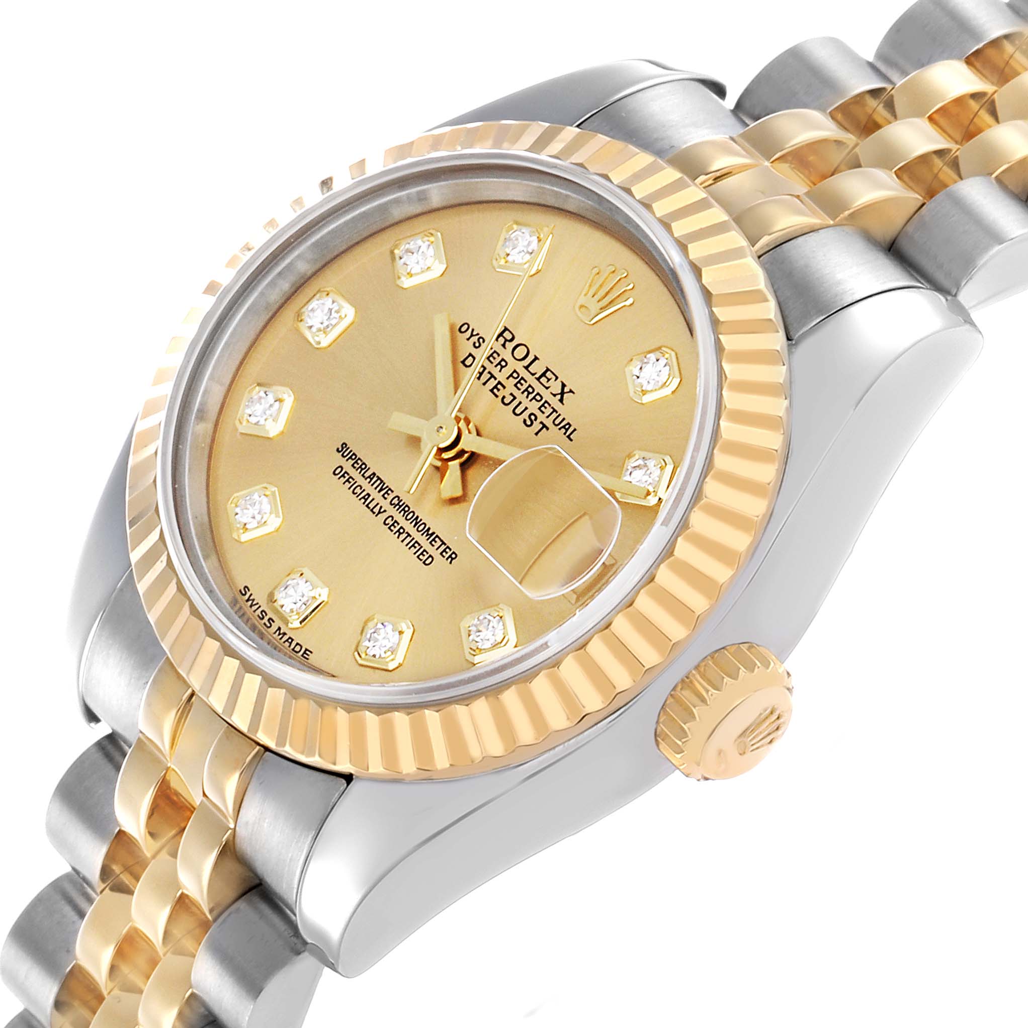 The Rolex Datejust 179173 Women's Steel and Gold (two tone) Champagne Dial is shown at an angled view, highlighting the champagne dial, fluted bezel, and two-tone bracelet.