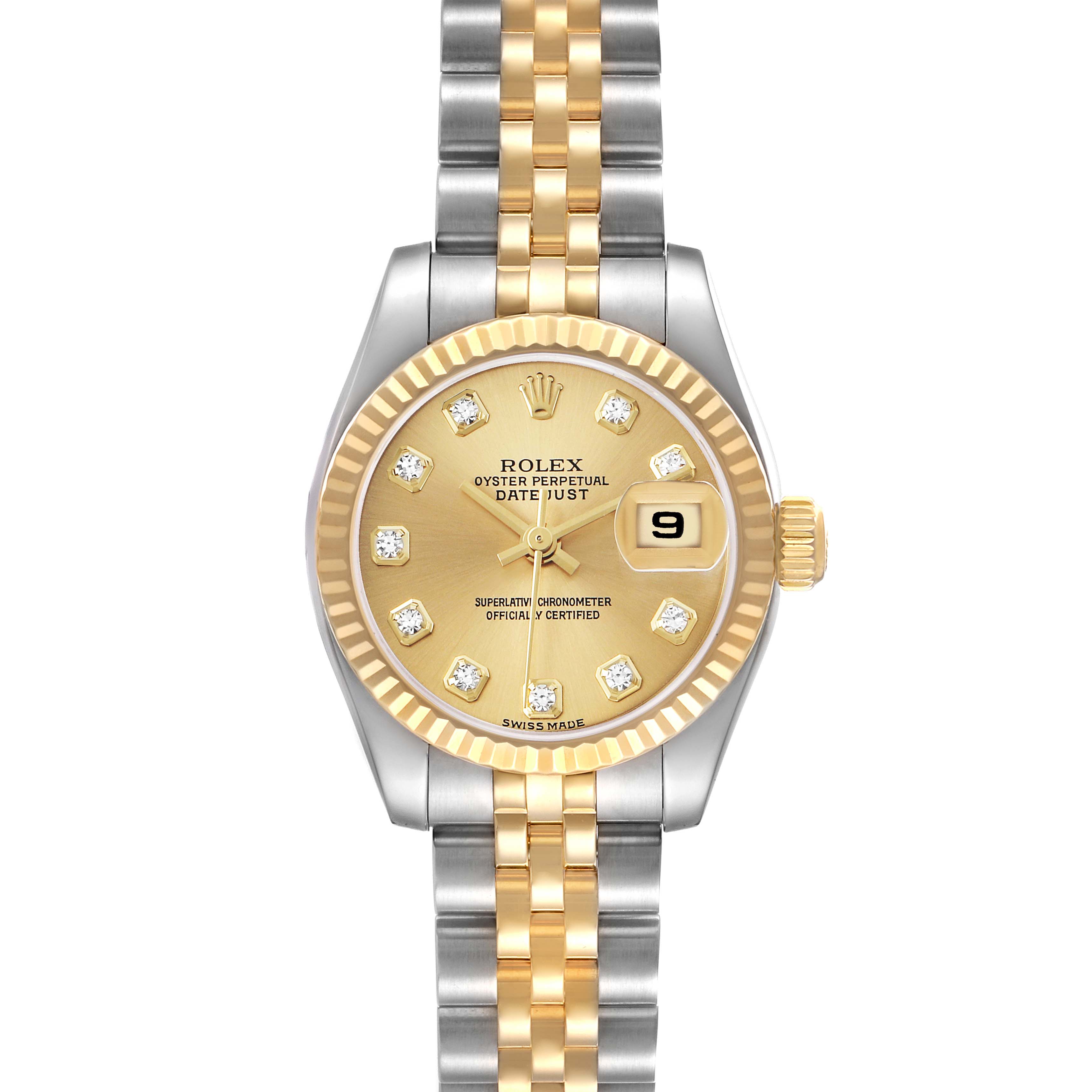 The Rolex Datejust 179173 Women's Steel and Gold (two tone) Champagne Dial watch is shown from a frontal angle, highlighting its dial, bezel, and bracelet.