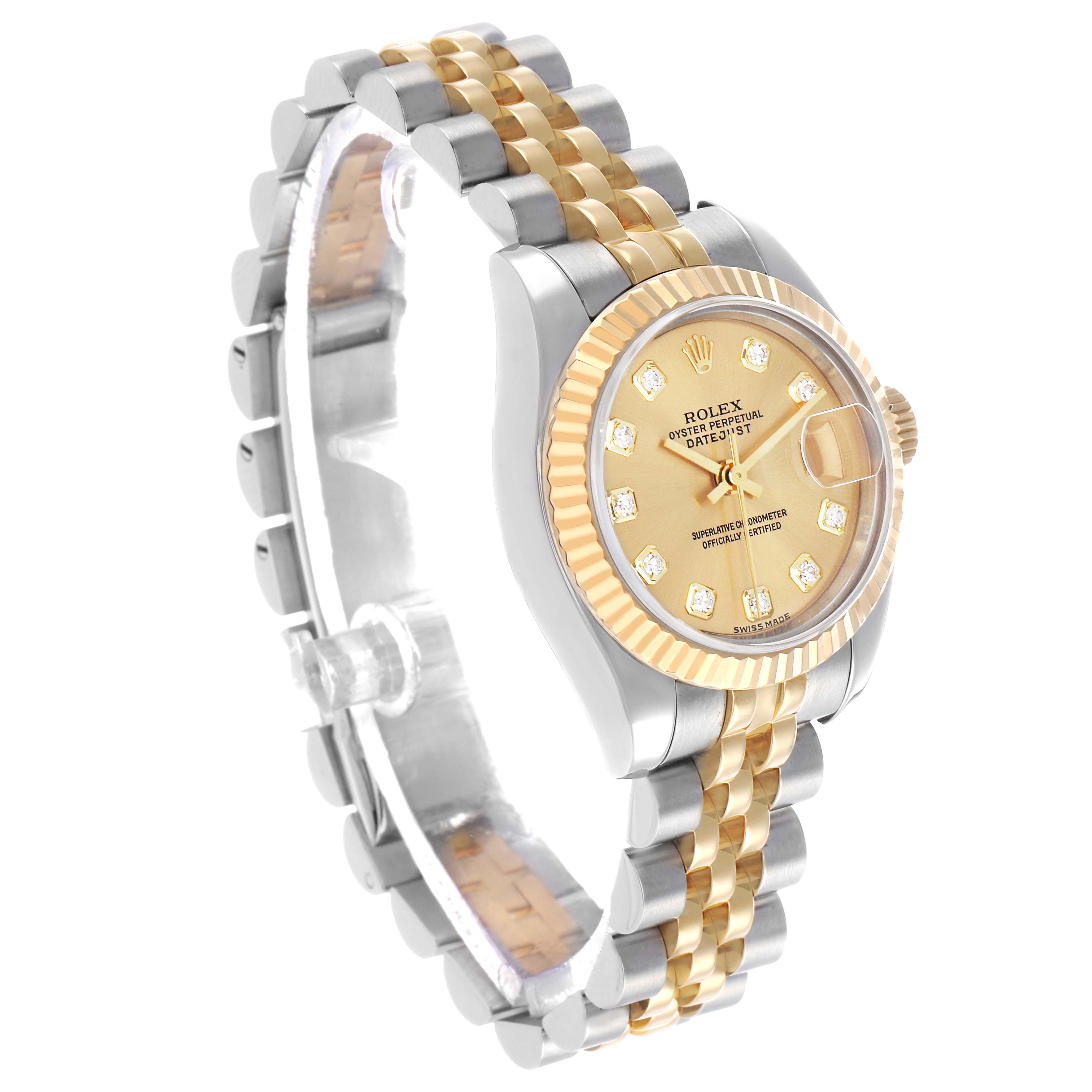 The Rolex Datejust 179173 Women's Steel and Gold (two tone) Champagne Dial watch is shown at a slight angle highlighting the gold and silver bracelet and diamond-accented face.