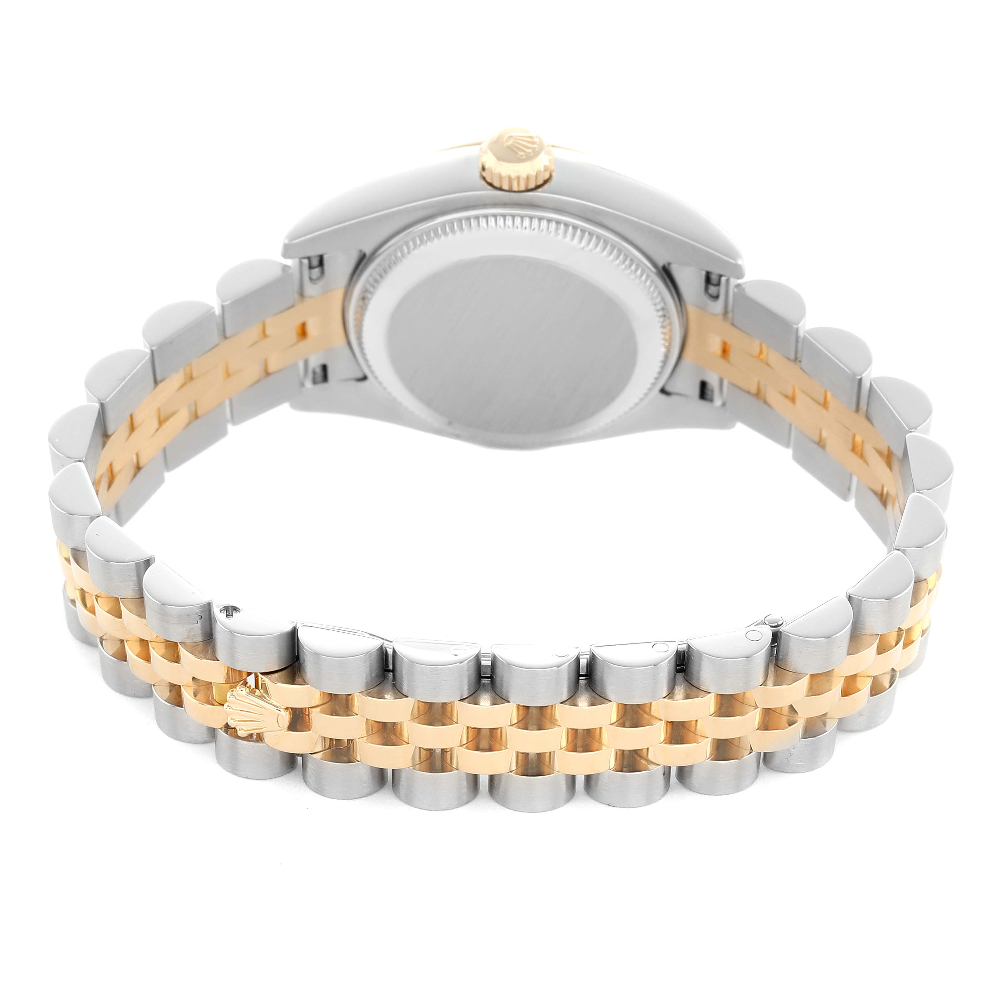 The image shows the back view of a Rolex Datejust 179173 Women's Steel and Gold (two tone) Champagne Dial, featuring the case back, crown, and two-tone bracelet.