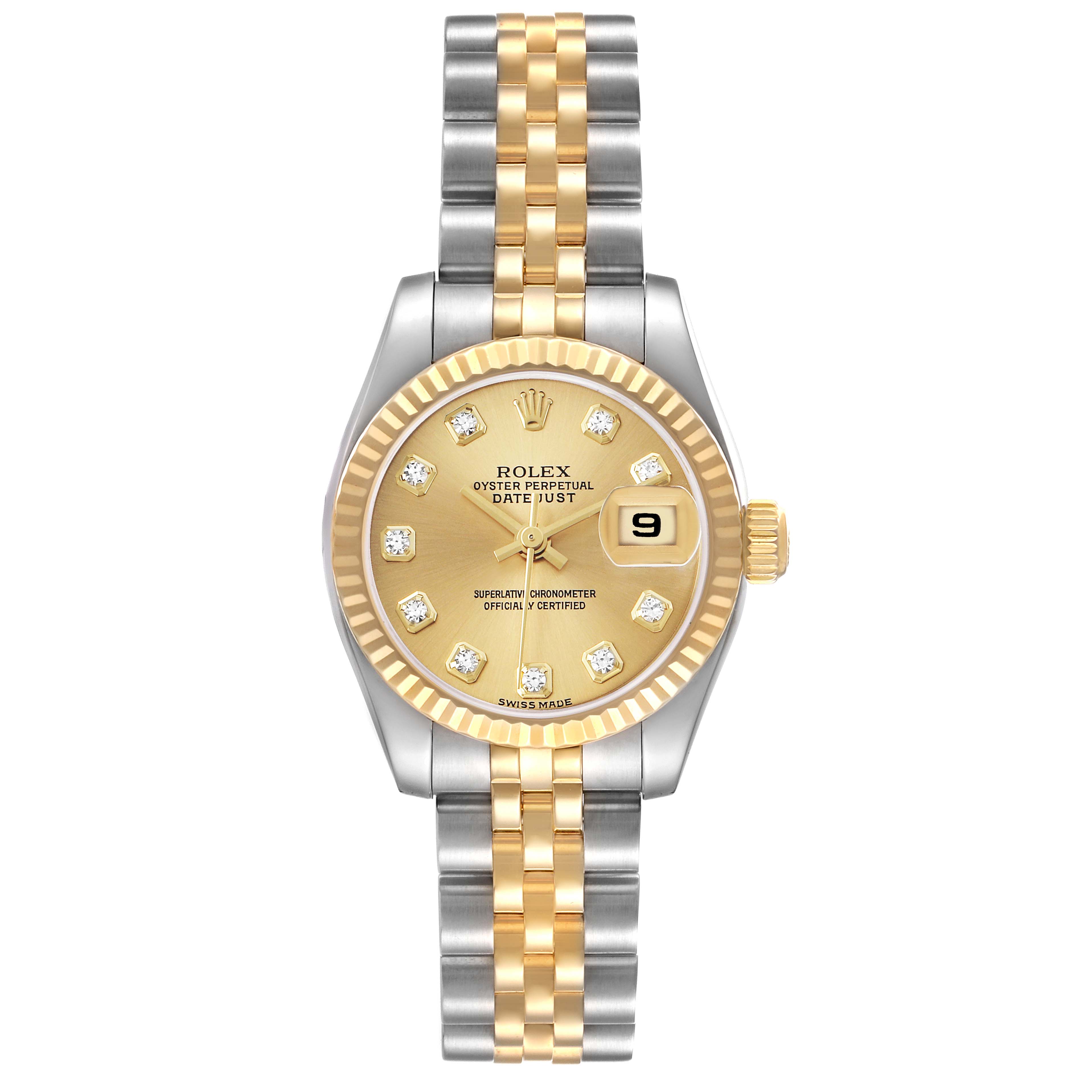 The Rolex Datejust 179173 Women's Steel and Gold (two tone) Champagne Dial watch is shown from the front, highlighting its dial, fluted bezel, and Jubilee bracelet.