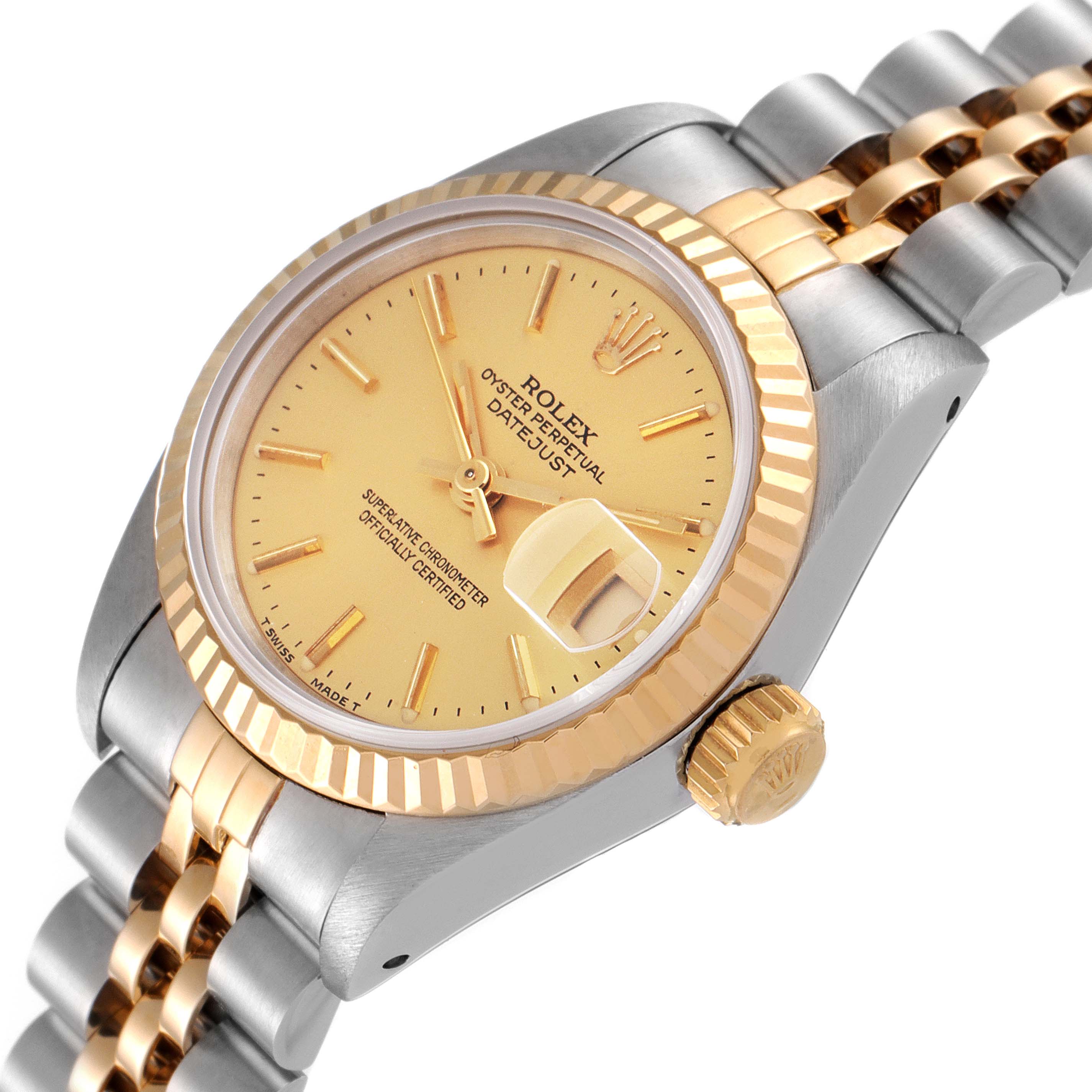 This Rolex Datejust 69173 Women
s Steel and Gold (two tone) Champagne Dial 69173 Women
s Steel and Gold (two tone) Champagne Dial watch is shown at a slight angle, displaying the dial, crown, bezel, and bracelet.