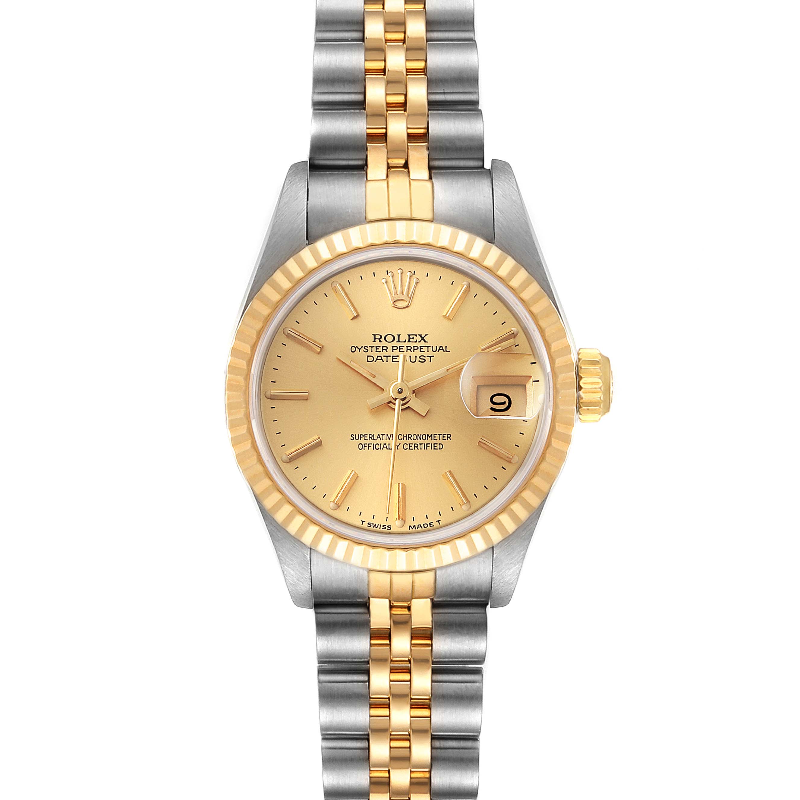 The image shows the front view of a Rolex Datejust 69173 Women
s Steel and Gold (two tone) Champagne Dial 69173 Women
s Steel and Gold (two tone) Champagne Dial watch, highlighting its dial, case, crown, and jubilee bracelet.