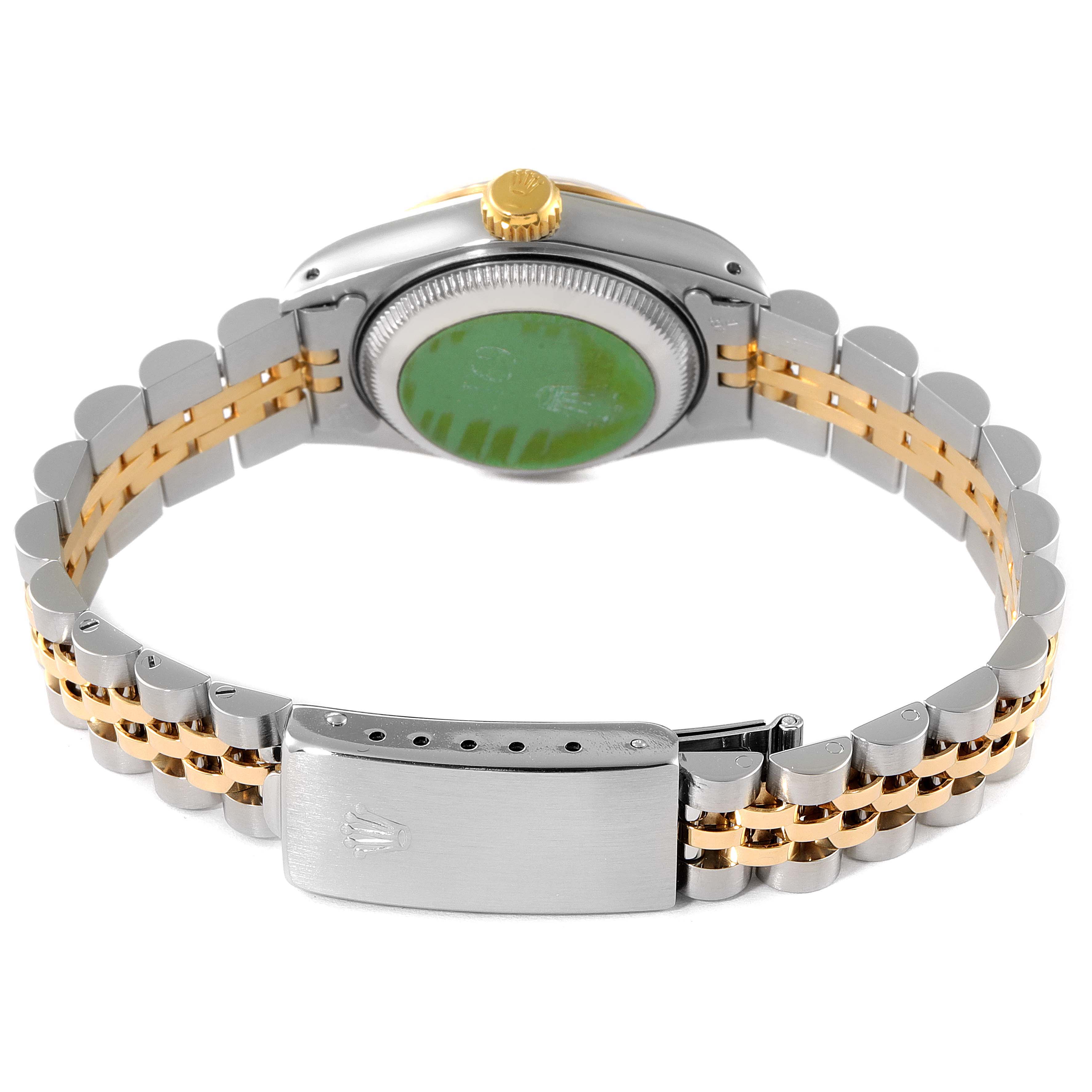 The image shows the back view of a Rolex Datejust 69173 Women
s Steel and Gold (two tone) Champagne Dial 69173 Women
s Steel and Gold (two tone) Champagne Dial watch, highlighting the case back, crown, and Jubilee bracelet with two-tone links.