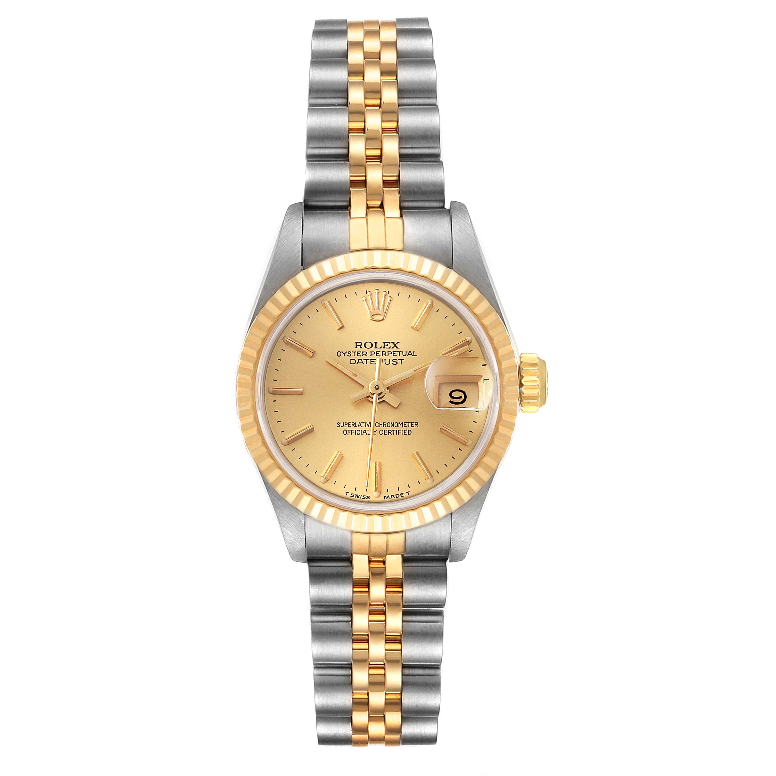 The image shows a frontal view of the Rolex Datejust 69173 Women
s Steel and Gold (two tone) Champagne Dial 69173 Women
s Steel and Gold (two tone) Champagne Dial watch, featuring its gold and silver Jubilee bracelet and champagne dial.
