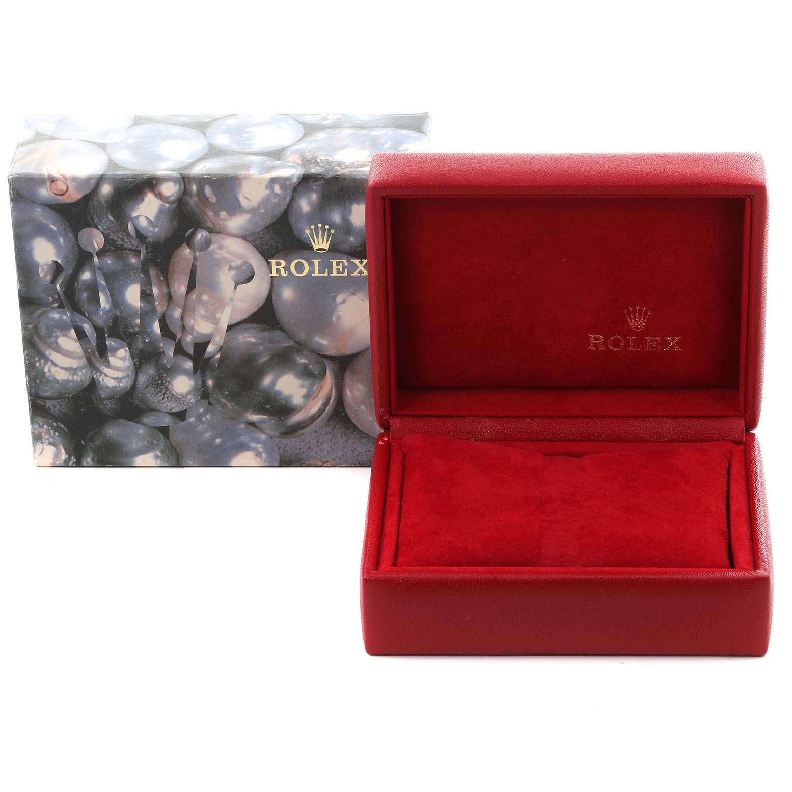 The image shows a Rolex Datejust 79173 Women's Steel and Gold (two tone) White Dial 79173 Women's Steel and Gold (two tone) White Dial watch box with an open red leather interior and an accompanying decorative outer box.