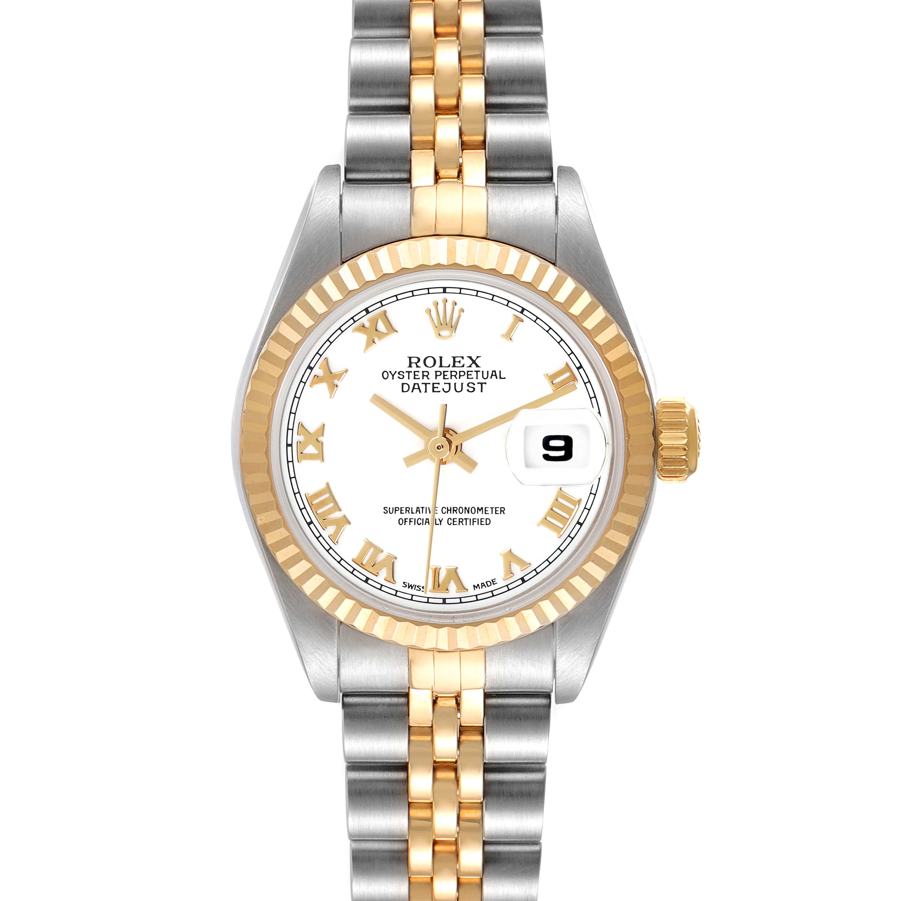 The Rolex Datejust 79173 Women's Steel and Gold (two tone) White Dial 79173 Women's Steel and Gold (two tone) White Dial watch is shown from a front angle, displaying the dial, bezel, and part of the bracelet.