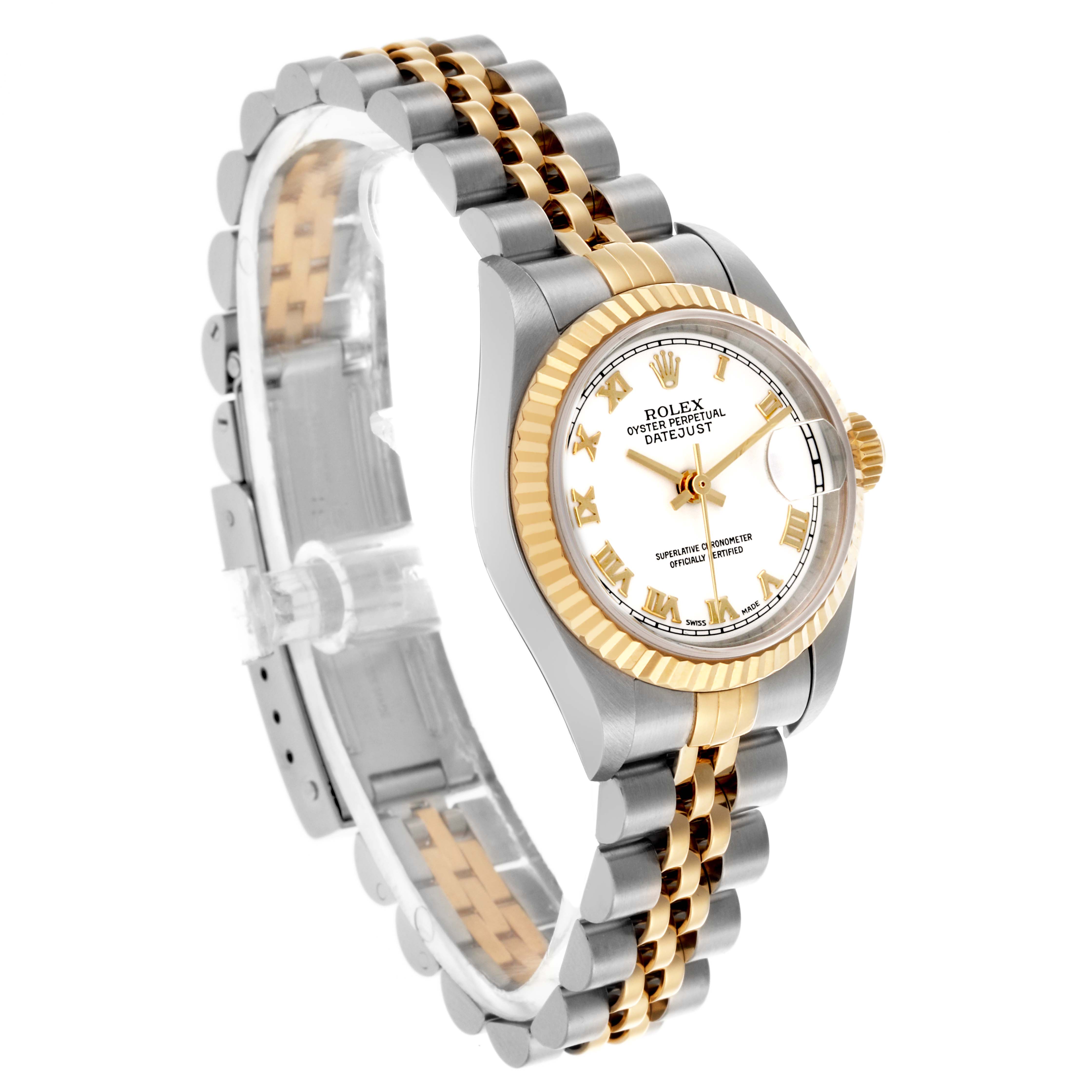 The Rolex Datejust 79173 Women's Steel and Gold (two tone) White Dial 79173 Women's Steel and Gold (two tone) White Dial is shown from a three-quarter view, displaying the face, bezel, and bracelet.