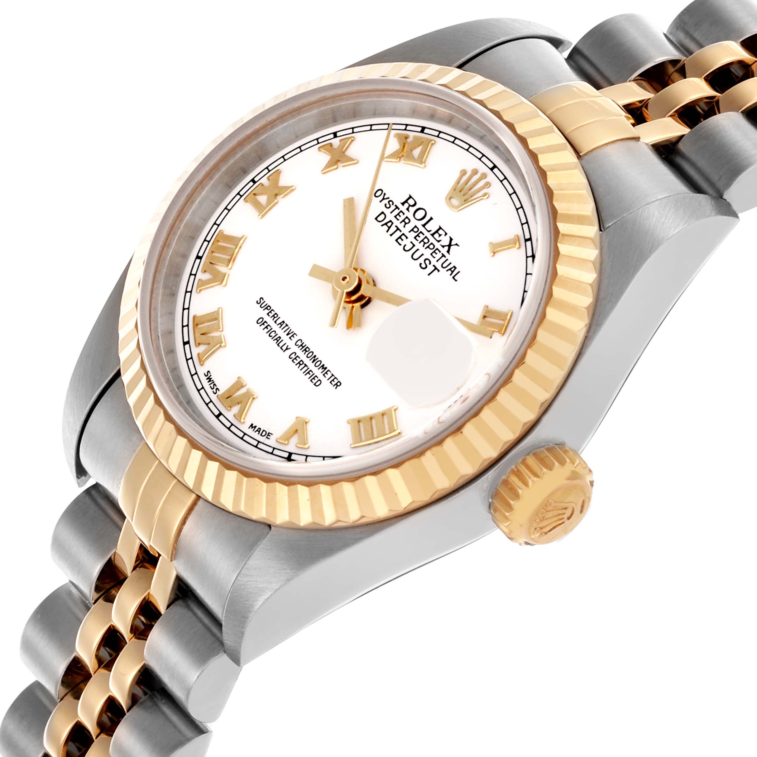 The Rolex Datejust 79173 Women's Steel and Gold (two tone) White Dial 79173 Women's Steel and Gold (two tone) White Dial watch is shown at an angled view, highlighting the face, bezel, crown, and two-tone bracelet.