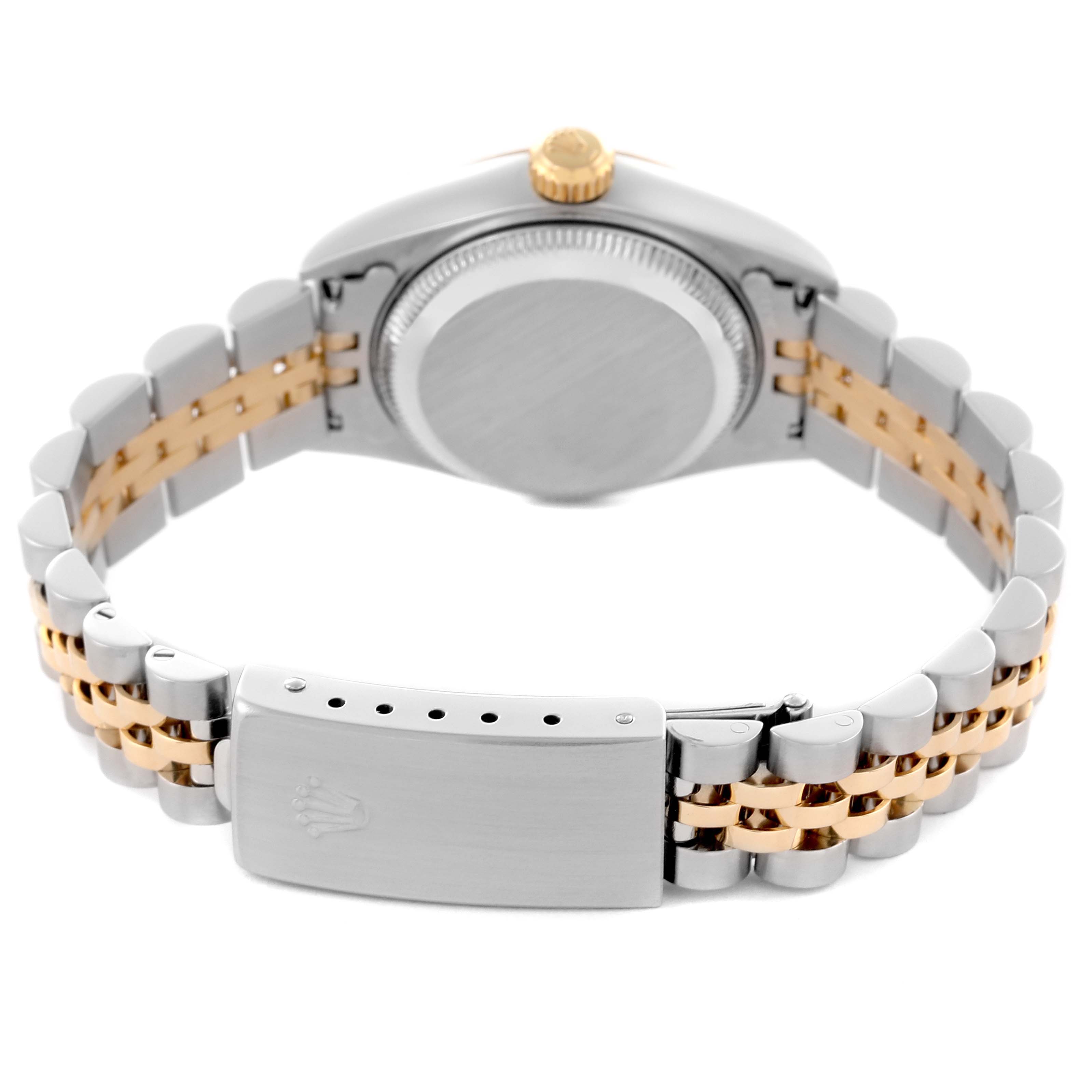The image shows the back view of a Rolex Datejust 79173 Women's Steel and Gold (two tone) White Dial 79173 Women's Steel and Gold (two tone) White Dial, highlighting the clasp, bracelet, and case back.
