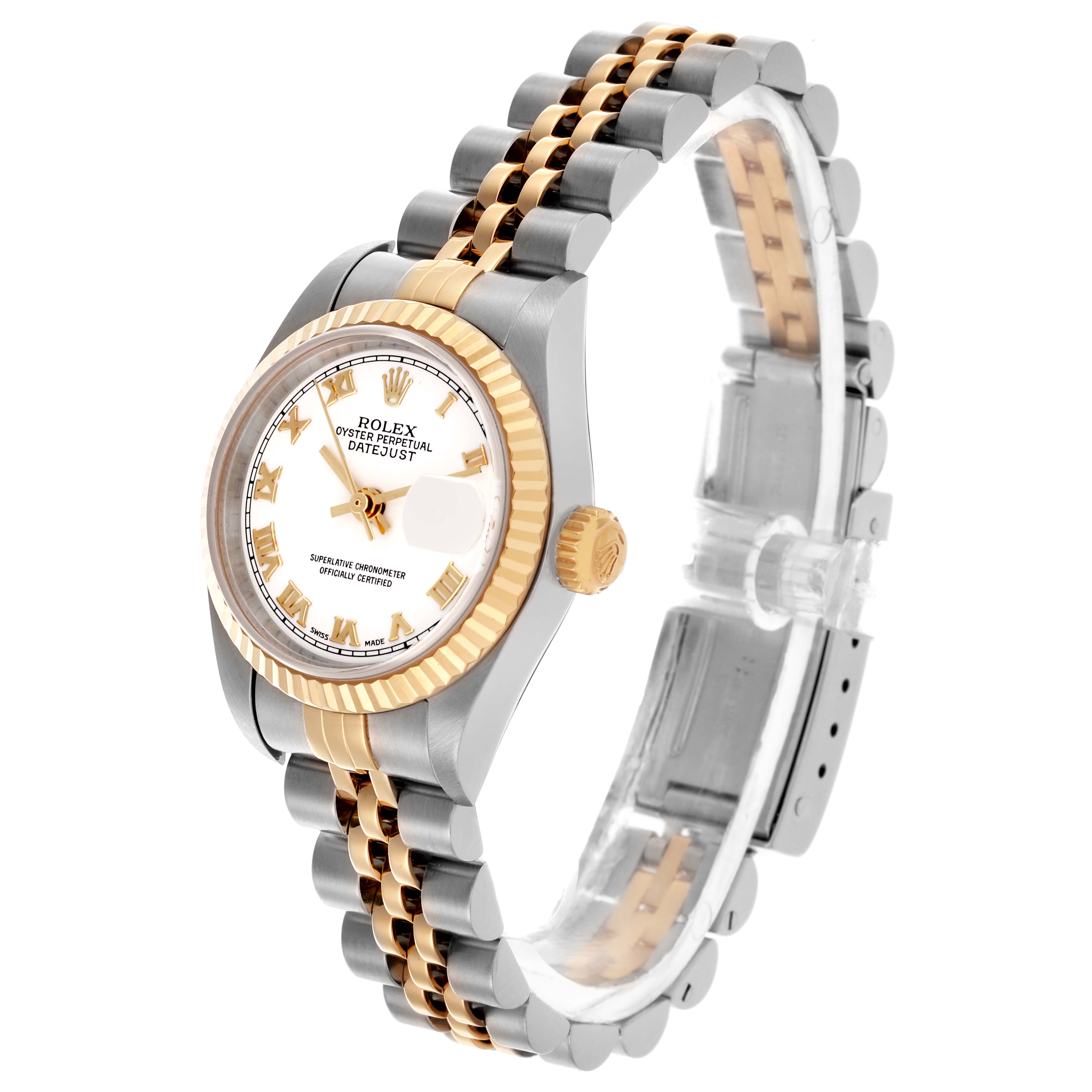 This Rolex Datejust 79173 Women's Steel and Gold (two tone) White Dial 79173 Women's Steel and Gold (two tone) White Dial watch is shown at a three-quarter angle, displaying its face, fluted bezel, crown, and jubilee bracelet.