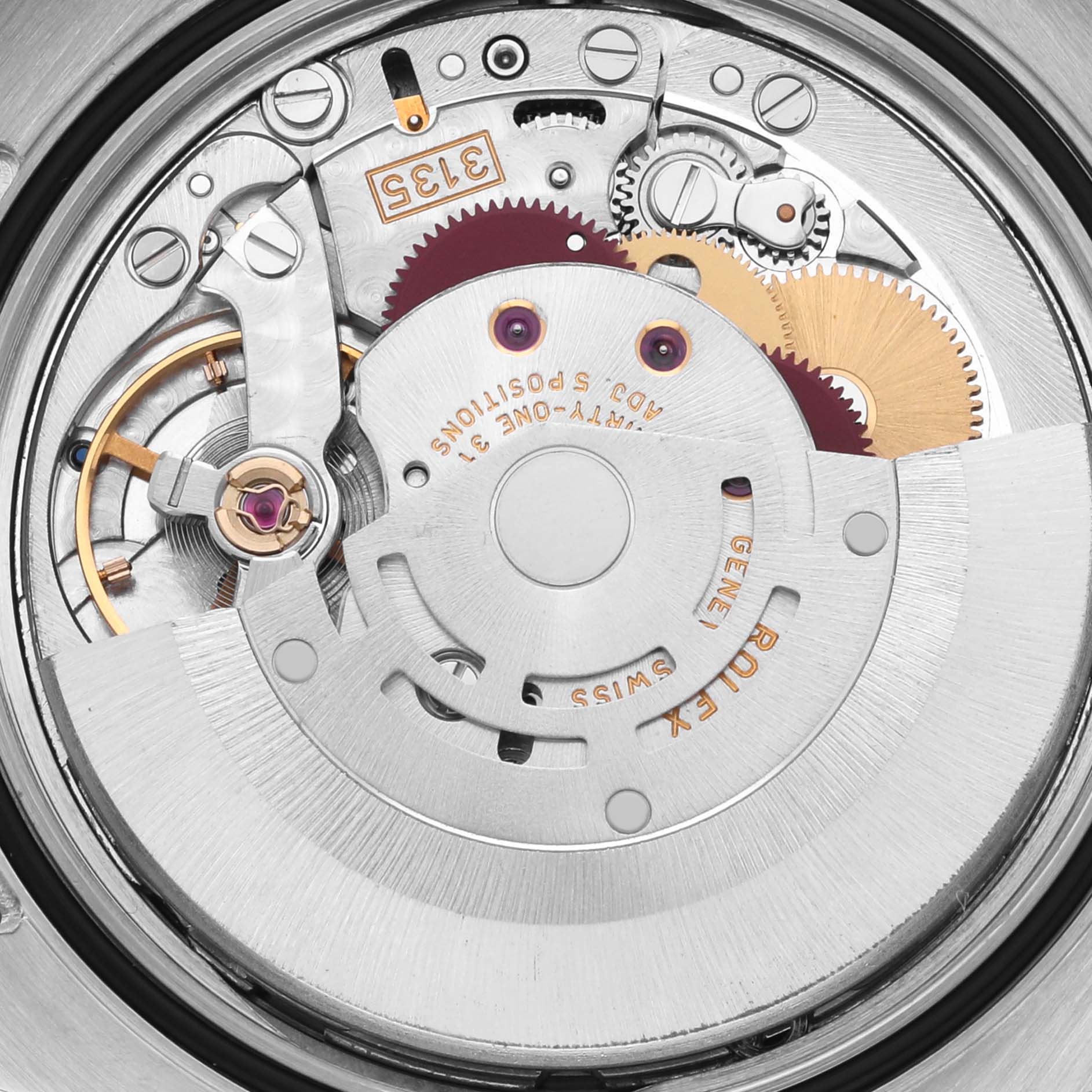 This image shows the detailed internal mechanism of a Rolex Turn-o-Graph 116261 Men's Steel and Gold (two tone) Black Dial 116261 Men's Steel and Gold (two tone) Black Dial watch from a top-down angle.