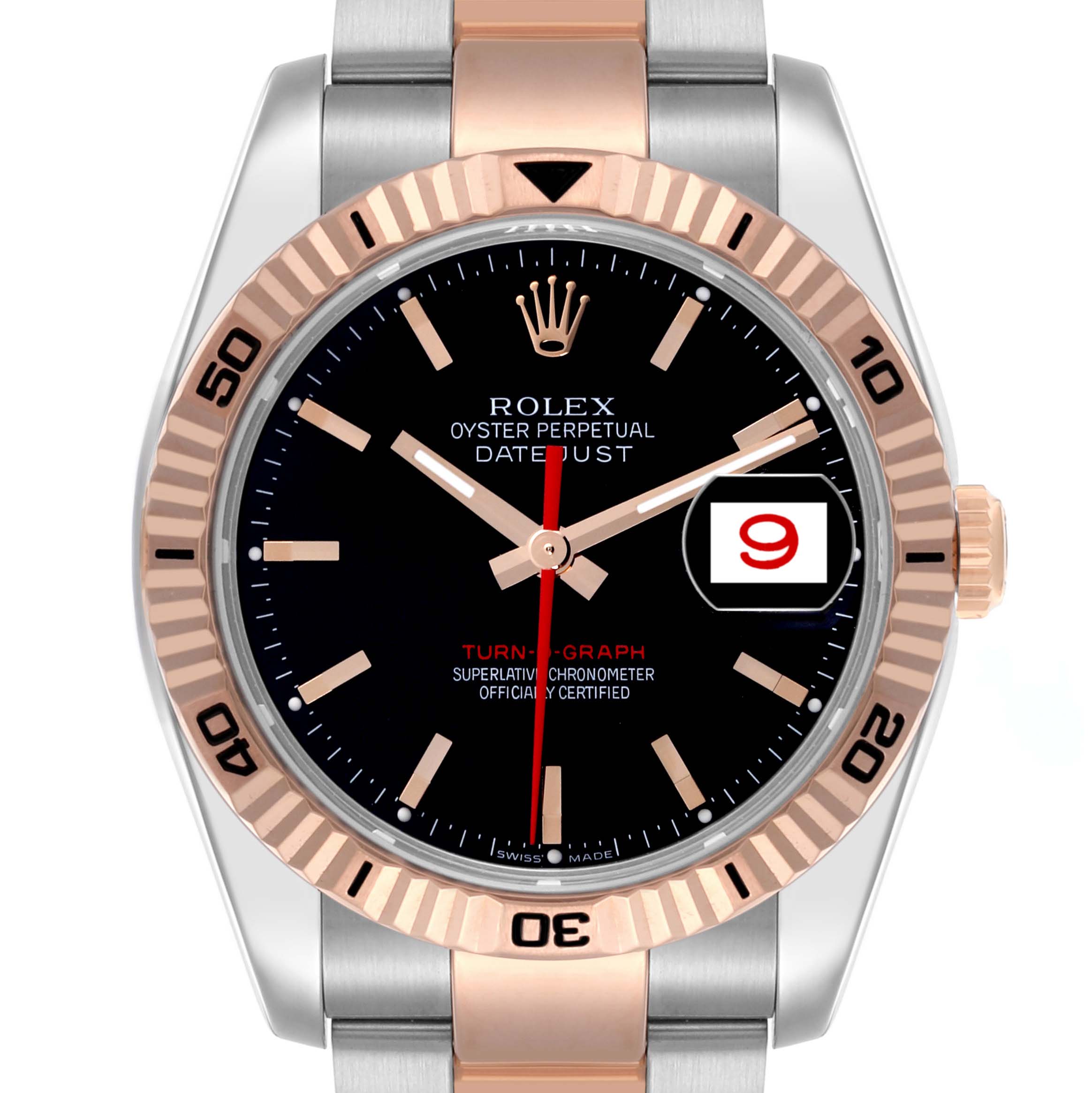 The Rolex Turn-o-Graph 116261 Men's Steel and Gold (two tone) Black Dial 116261 Men's Steel and Gold (two tone) Black Dial watch is shown from the front, highlighting its face, bezel, and part of the bracelet.