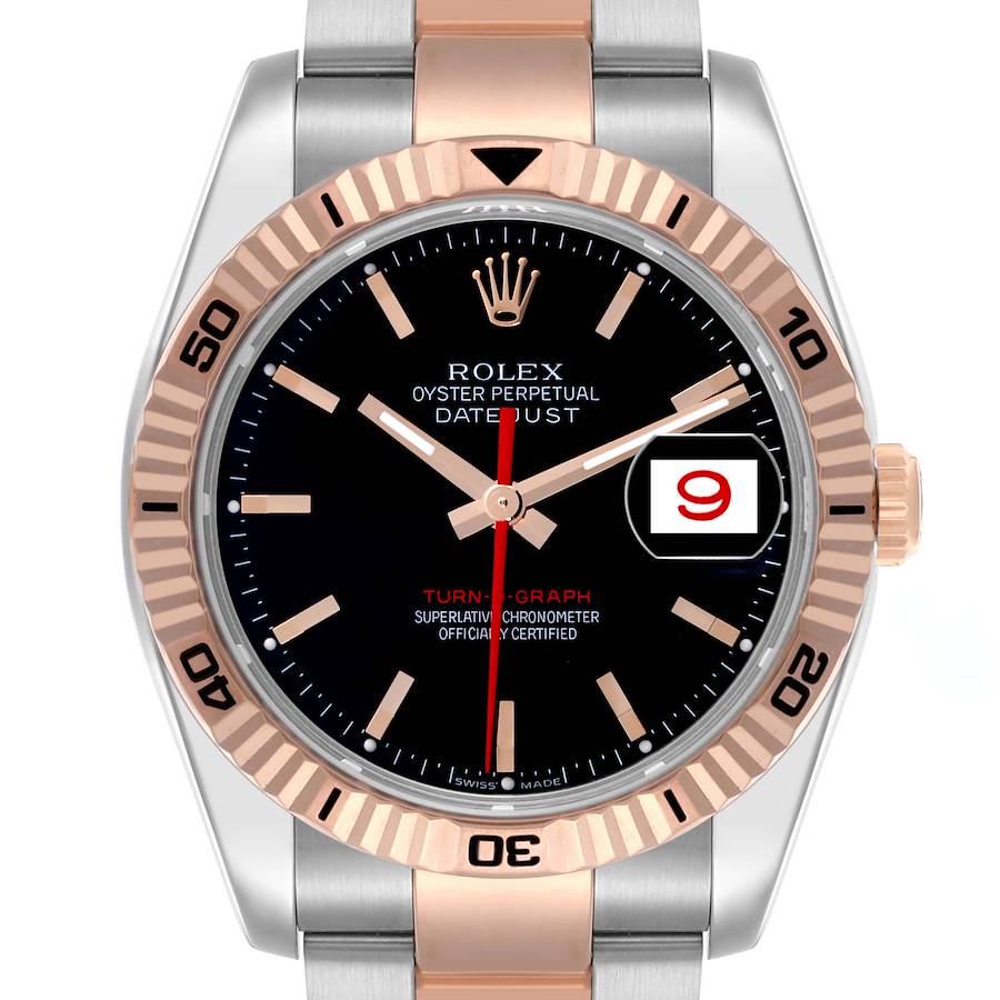 The Rolex Turn-o-Graph watch is shown from the front, highlighting its face, bezel, and part of the bracelet.