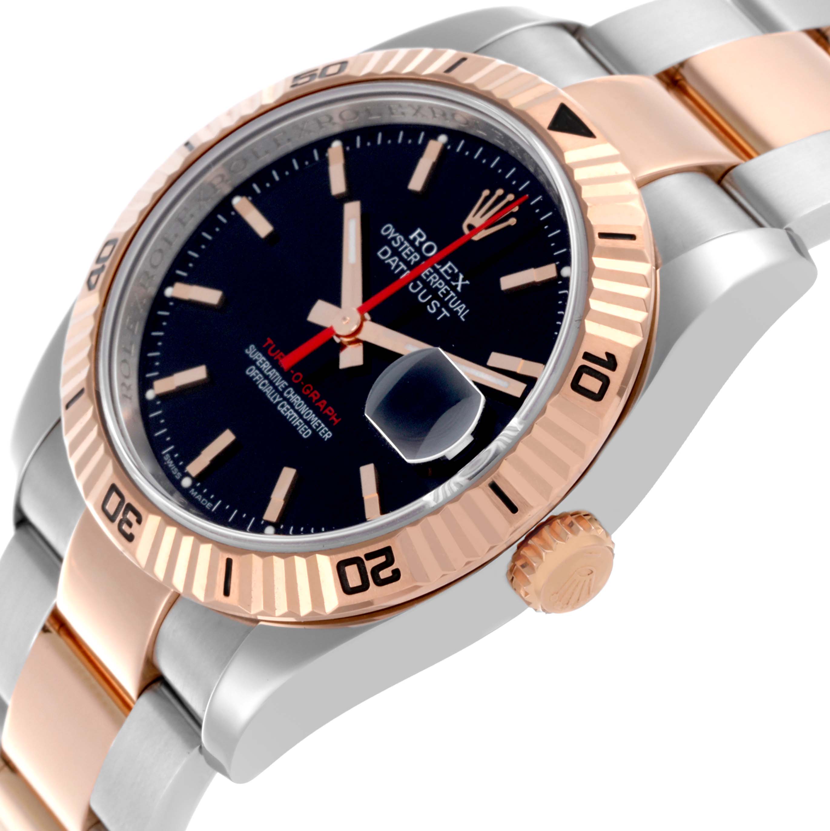 The Rolex Turn-o-Graph 116261 Men's Steel and Gold (two tone) Black Dial 116261 Men's Steel and Gold (two tone) Black Dial watch is shown at an angle highlighting the dial, bezel, crown, and part of the bracelet.