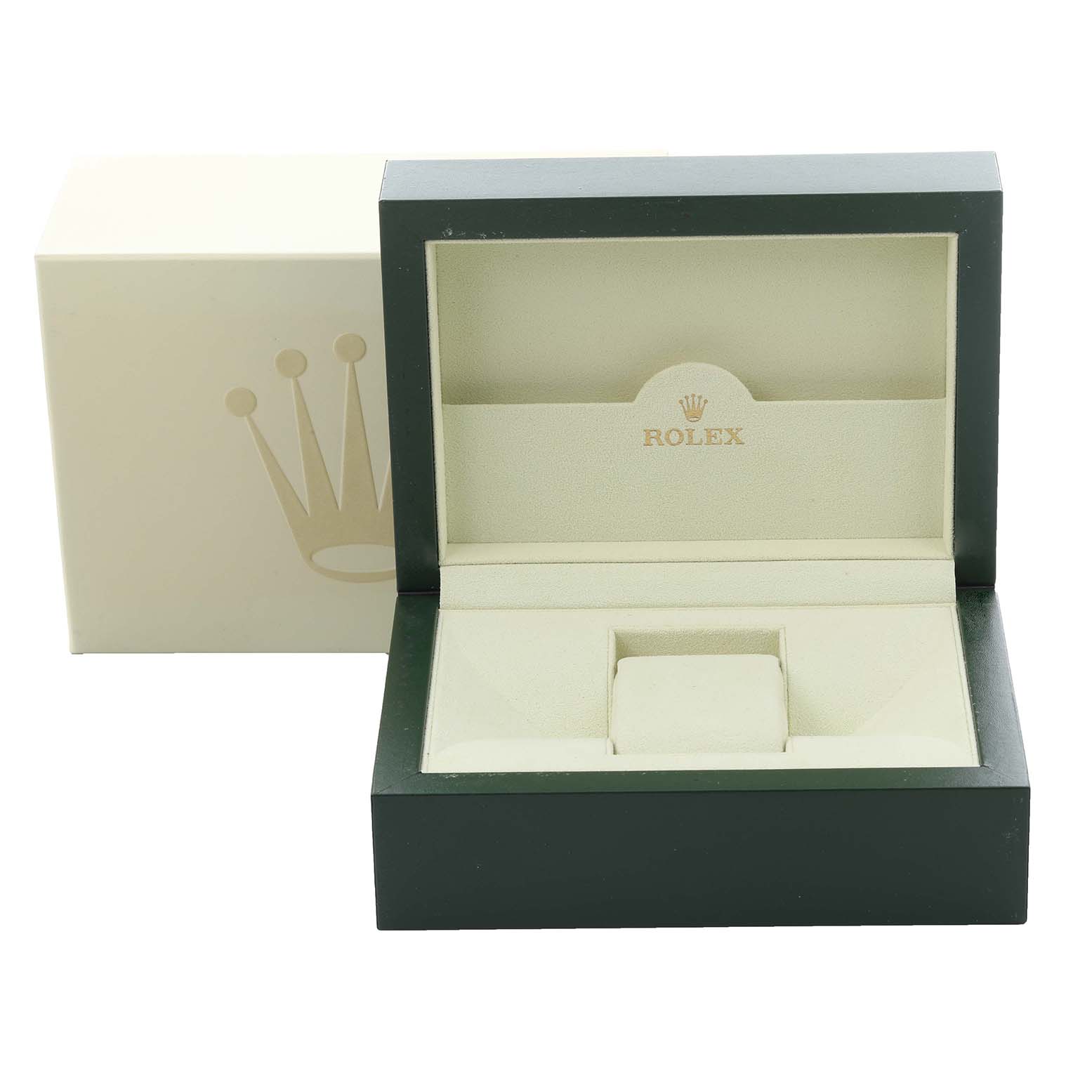 The image shows an open Rolex Turn-o-Graph 116261 Men's Steel and Gold (two tone) Black Dial 116261 Men's Steel and Gold (two tone) Black Dial watch box, including the interior cushion and exterior case.