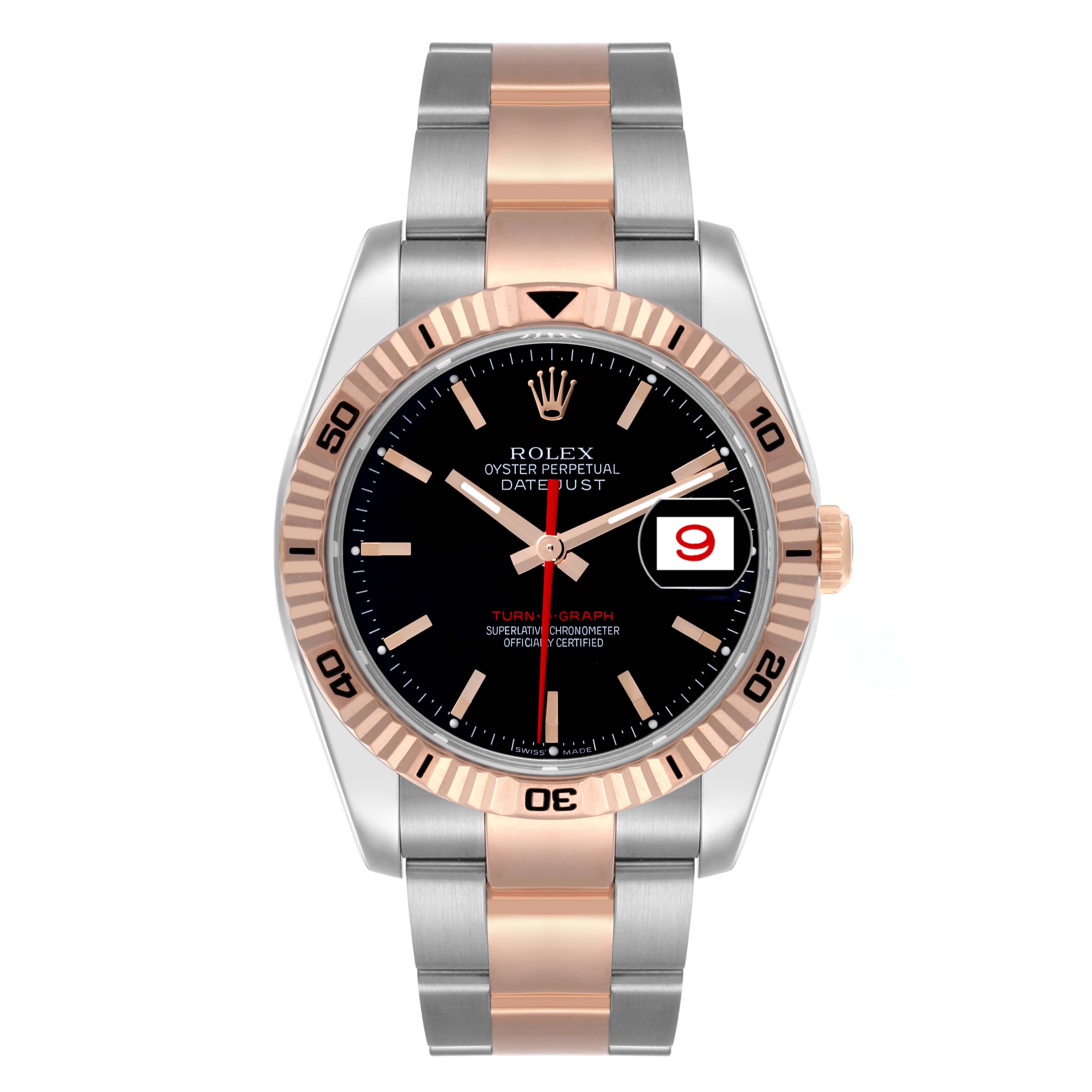 The Rolex Turn-o-Graph 116261 Men's Steel and Gold (two tone) Black Dial 116261 Men's Steel and Gold (two tone) Black Dial watch is shown from the front, highlighting its dial, bezel, and two-tone bracelet.
