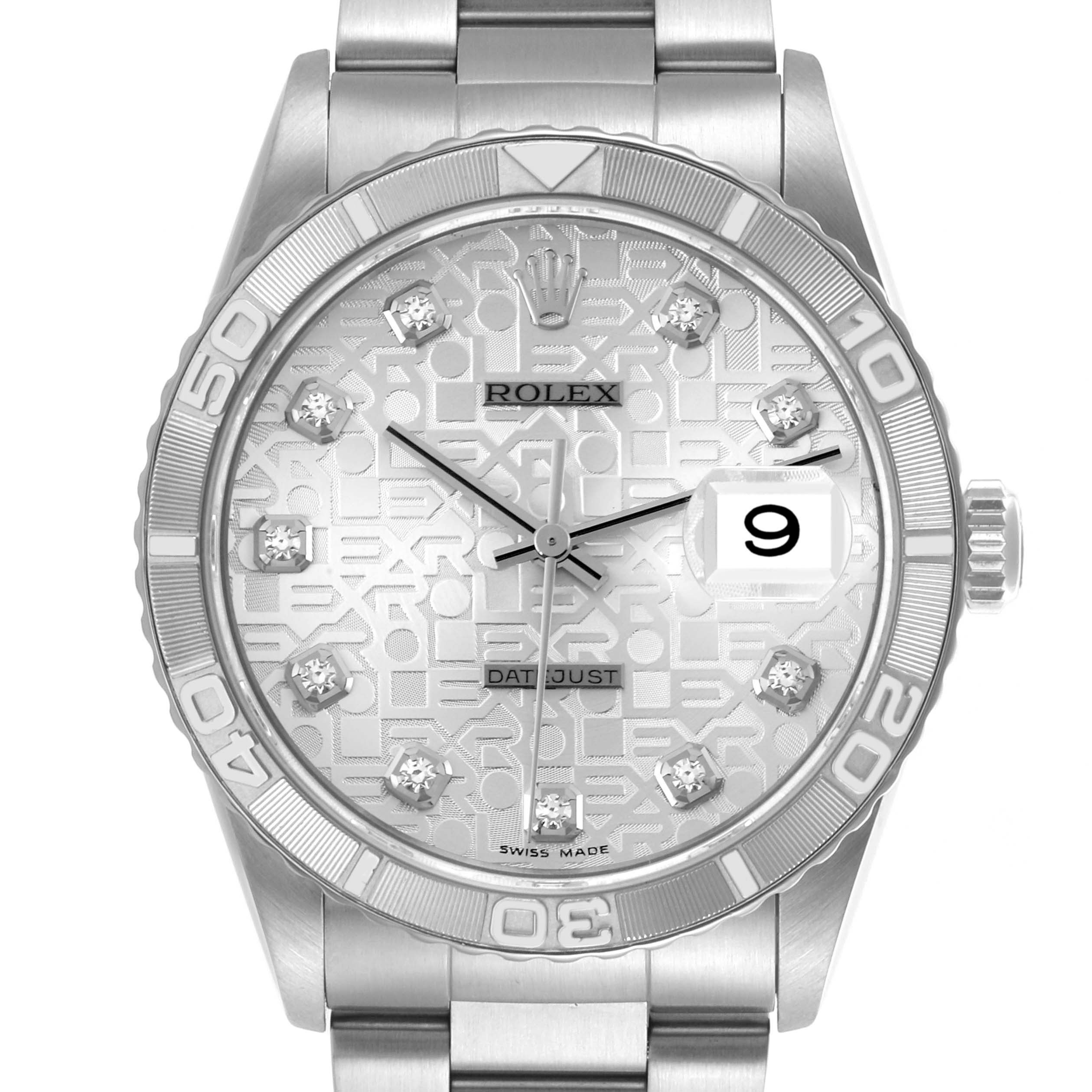 The Rolex Turn-o-Graph 16264 Men's Stainless Steel Silver Dial 16264 Men's Stainless Steel Silver Dial watch is shown from a front angle, displaying the dial, numerals, and bezel.