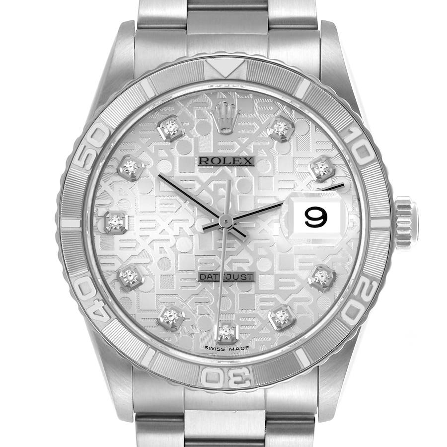 The Rolex Turn-o-Graph watch is shown from a front angle, displaying the dial, numerals, and bezel.