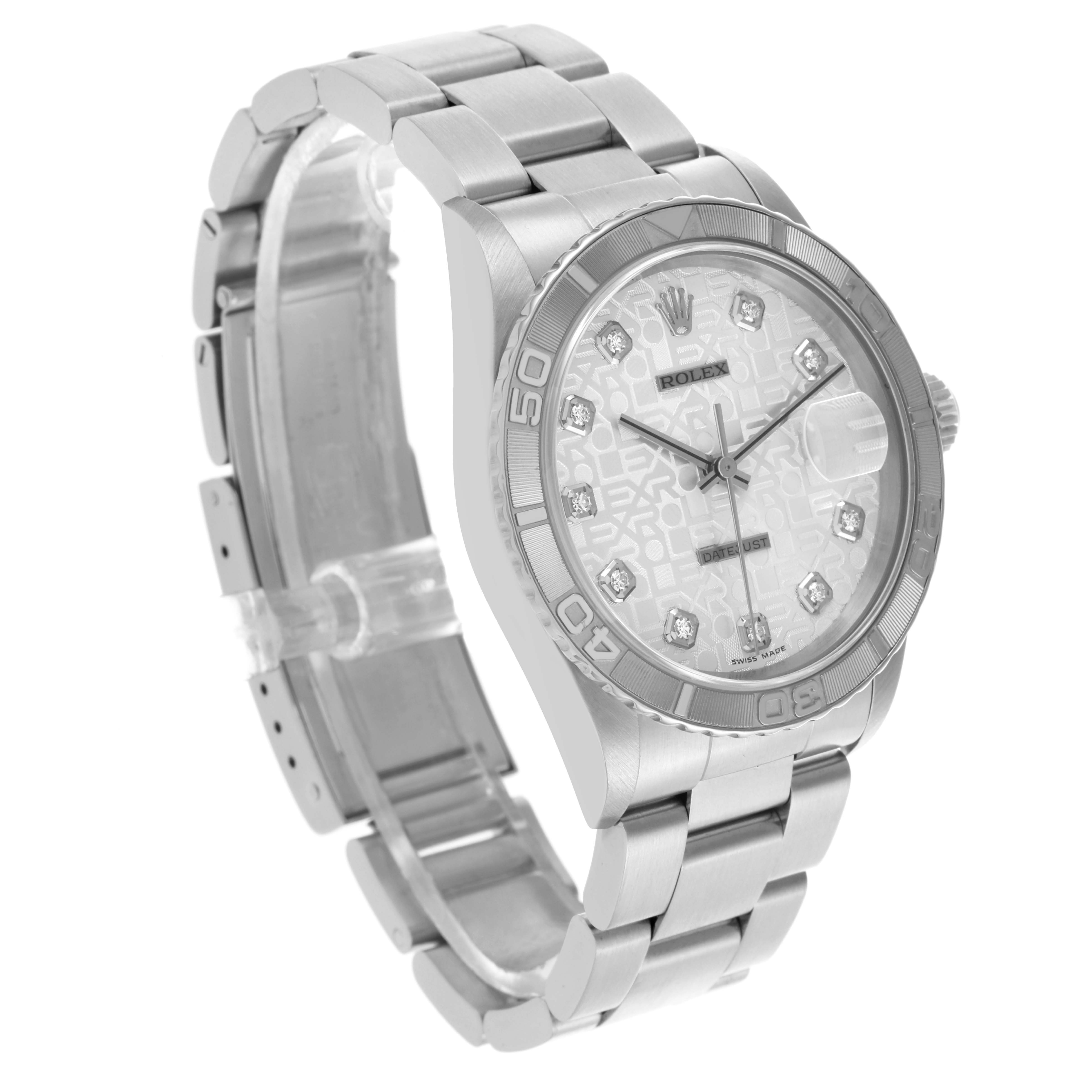 The Rolex Turn-o-Graph 16264 Men's Stainless Steel Silver Dial 16264 Men's Stainless Steel Silver Dial watch is shown at a three-quarter angle, highlighting the face, bezel, and partially extended metal bracelet.