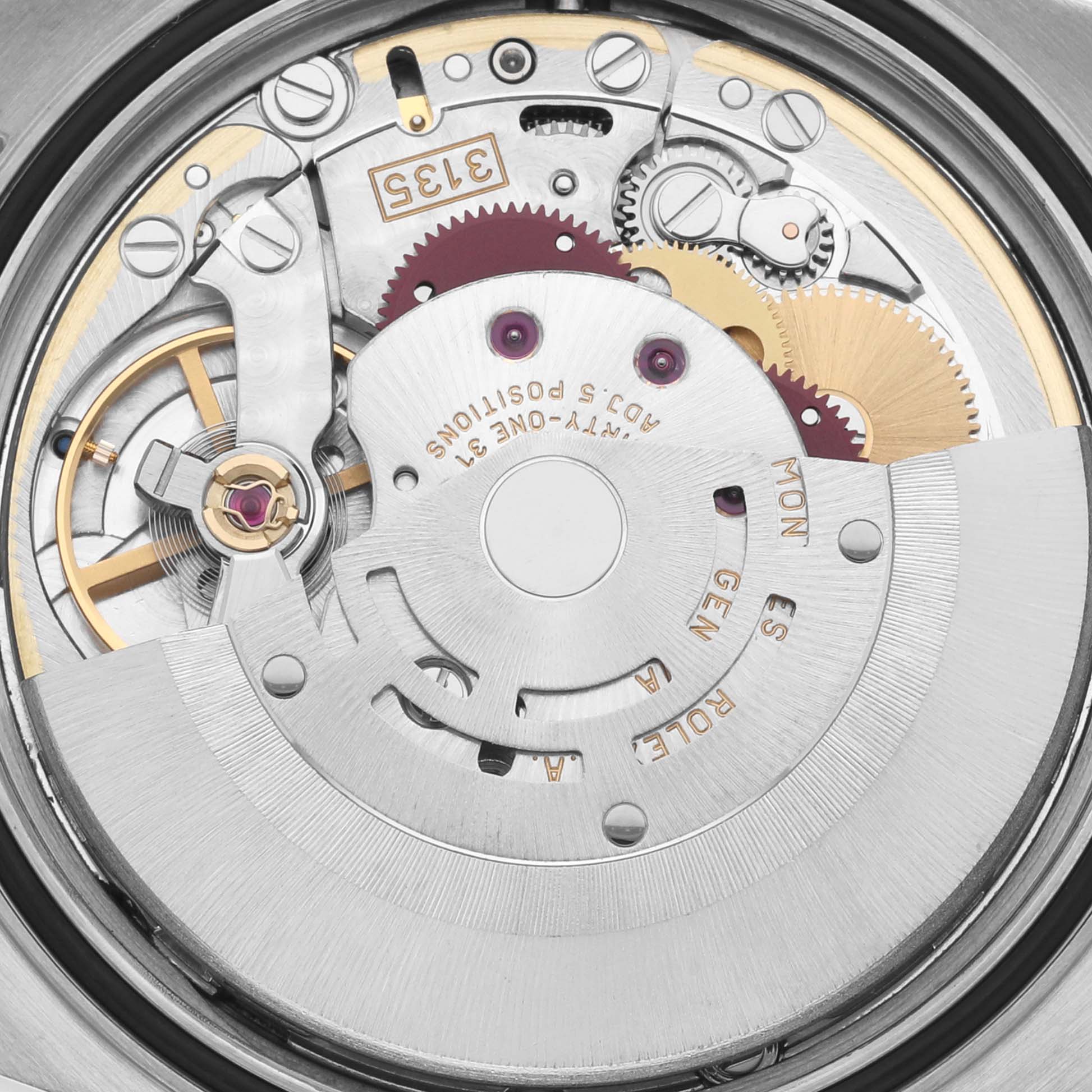 This image shows the internal mechanism of a Rolex Turn-o-Graph 16264 Men's Stainless Steel Silver Dial 16264 Men's Stainless Steel Silver Dial watch from a top-down angle, highlighting gears and components.