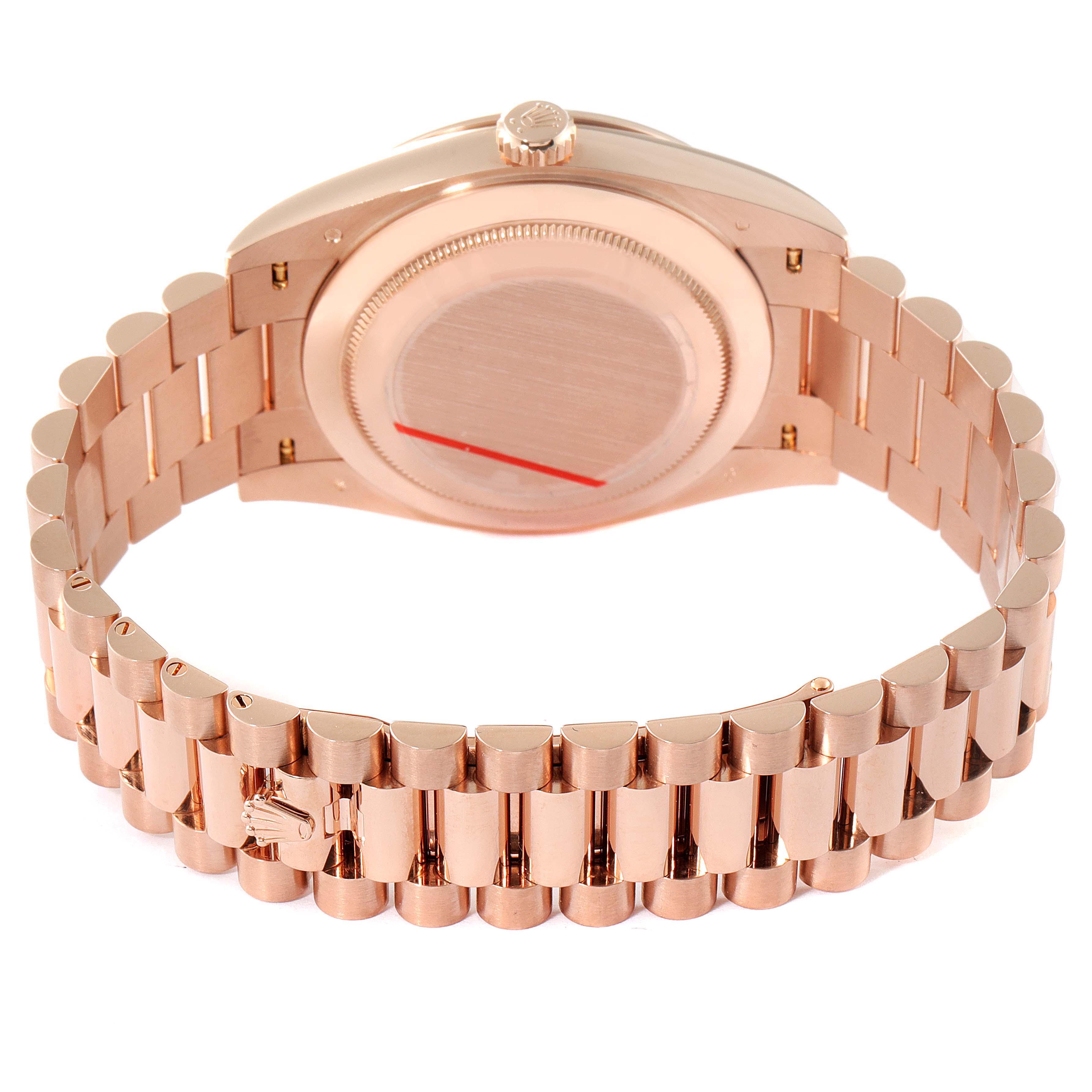 This image shows the back view of a Rolex President 228345 Men's Rose Gold Brown Dial 228345 Men's Rose Gold Brown Dial model, highlighting the case back and bracelet links.