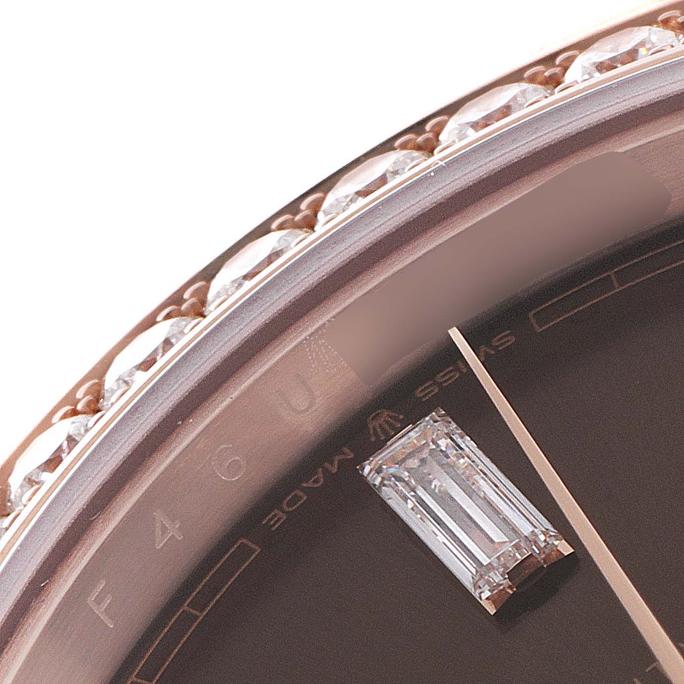 The image shows a close-up of the dial, bezel, and diamond marker of a Rolex President 228345 Men's Rose Gold Brown Dial 228345 Men's Rose Gold Brown Dial model watch.