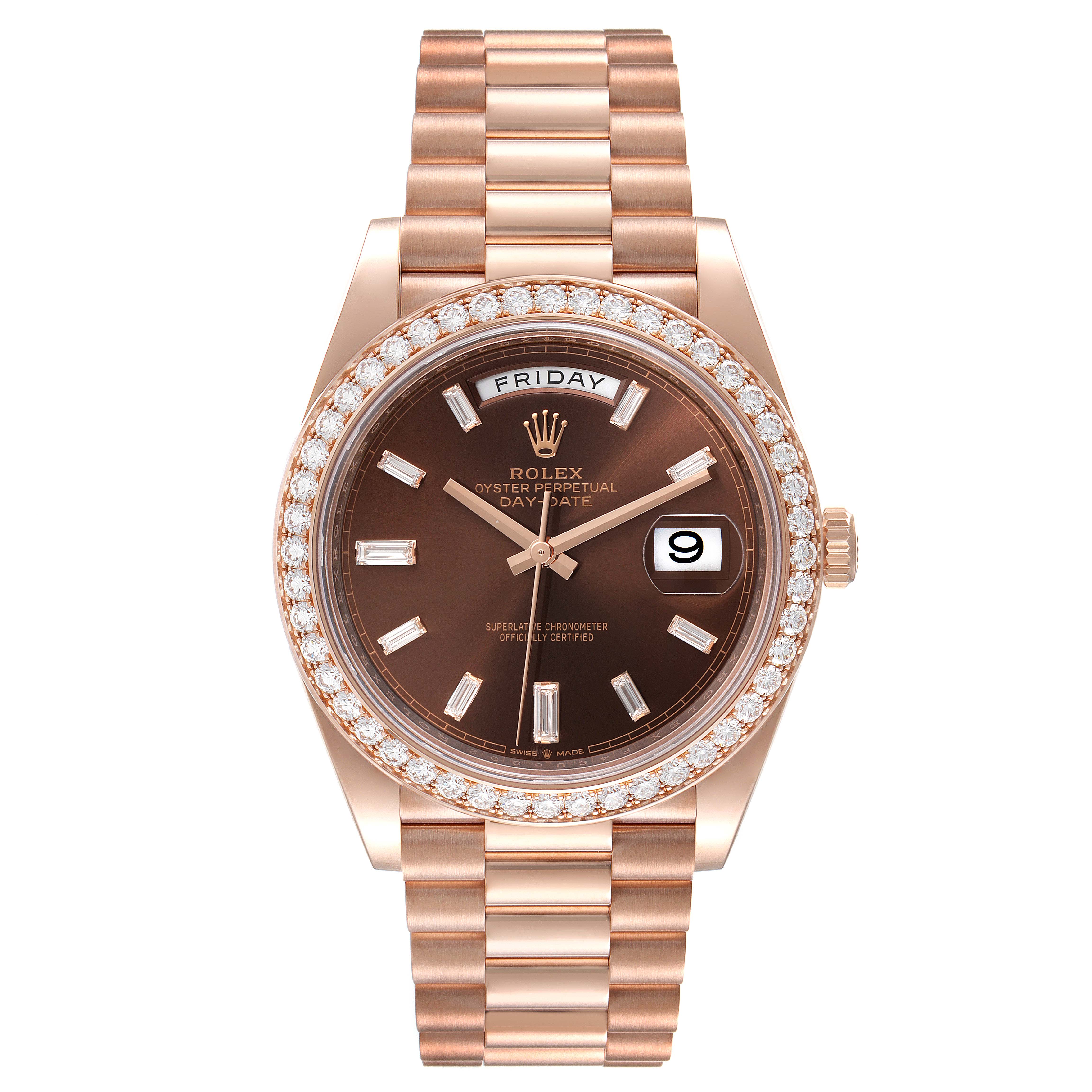 This image shows a Rolex President 228345 Men's Rose Gold Brown Dial 228345 Men's Rose Gold Brown Dial model watch with a full frontal view, highlighting its bezel, dial, and bracelet.