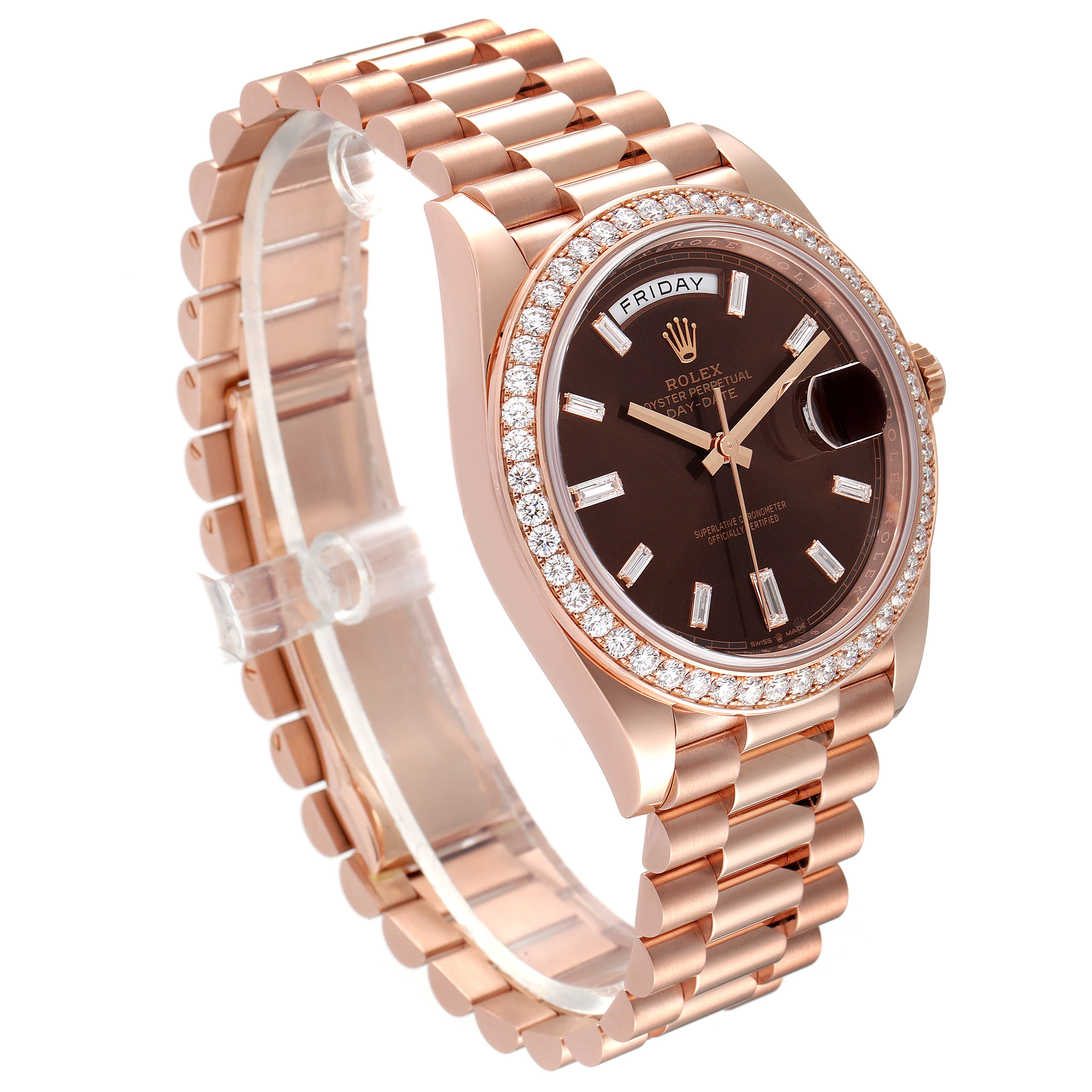The image shows a Rolex President 228345 Men's Rose Gold Brown Dial 228345 Men's Rose Gold Brown Dial model watch at an angled side view, highlighting the bracelet, dial, and diamond-studded bezel.