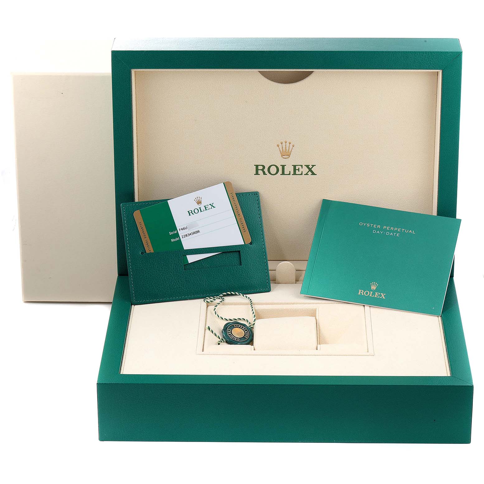 The image shows the packaging box, warranty card, booklet, and tag for a Rolex President 228345 Men's Rose Gold Brown Dial 228345 Men's Rose Gold Brown Dial watch.