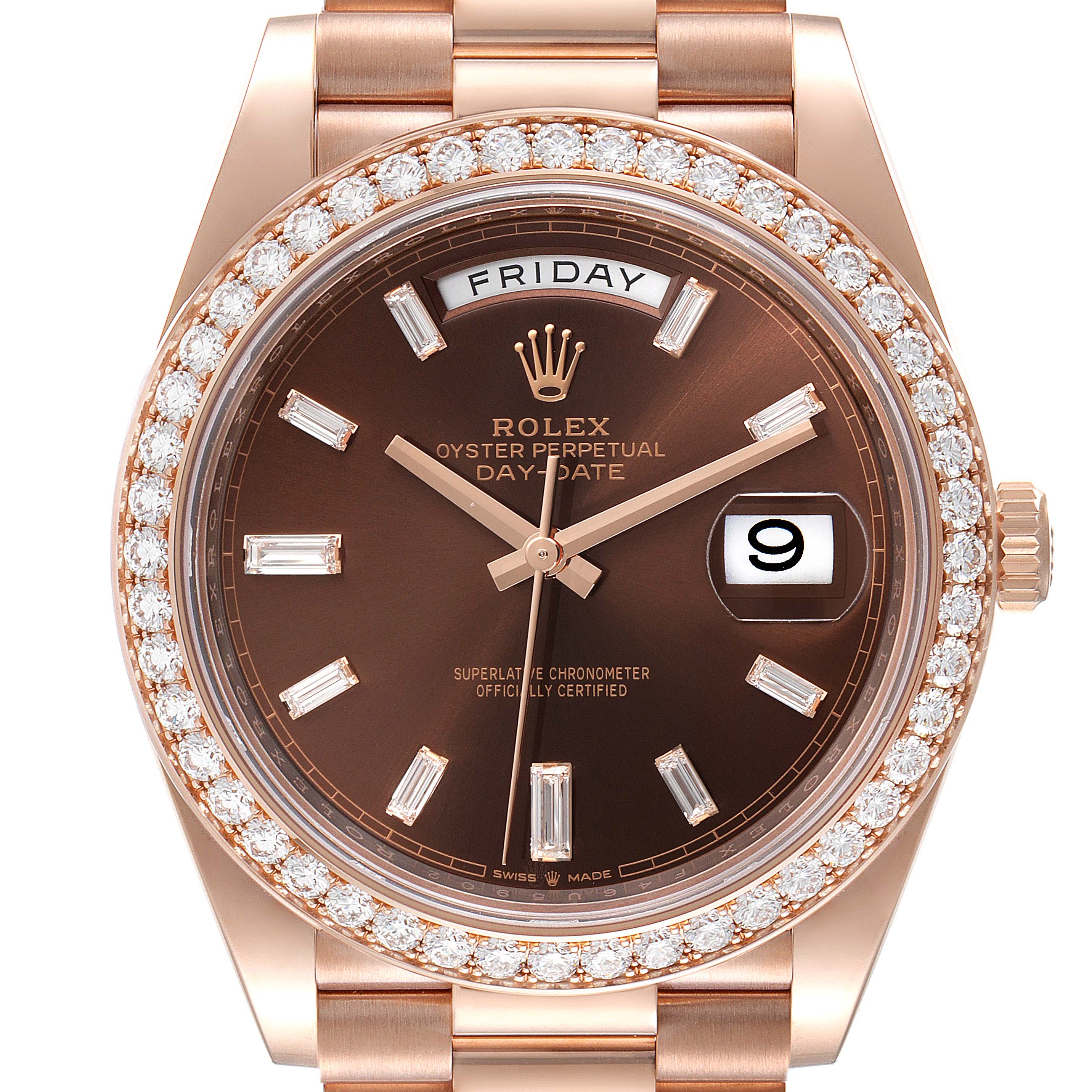 The image shows a close-up of a Rolex President 228345 Men's Rose Gold Brown Dial 228345 Men's Rose Gold Brown Dial watch, highlighting its bezel, dial, hands, and crown.