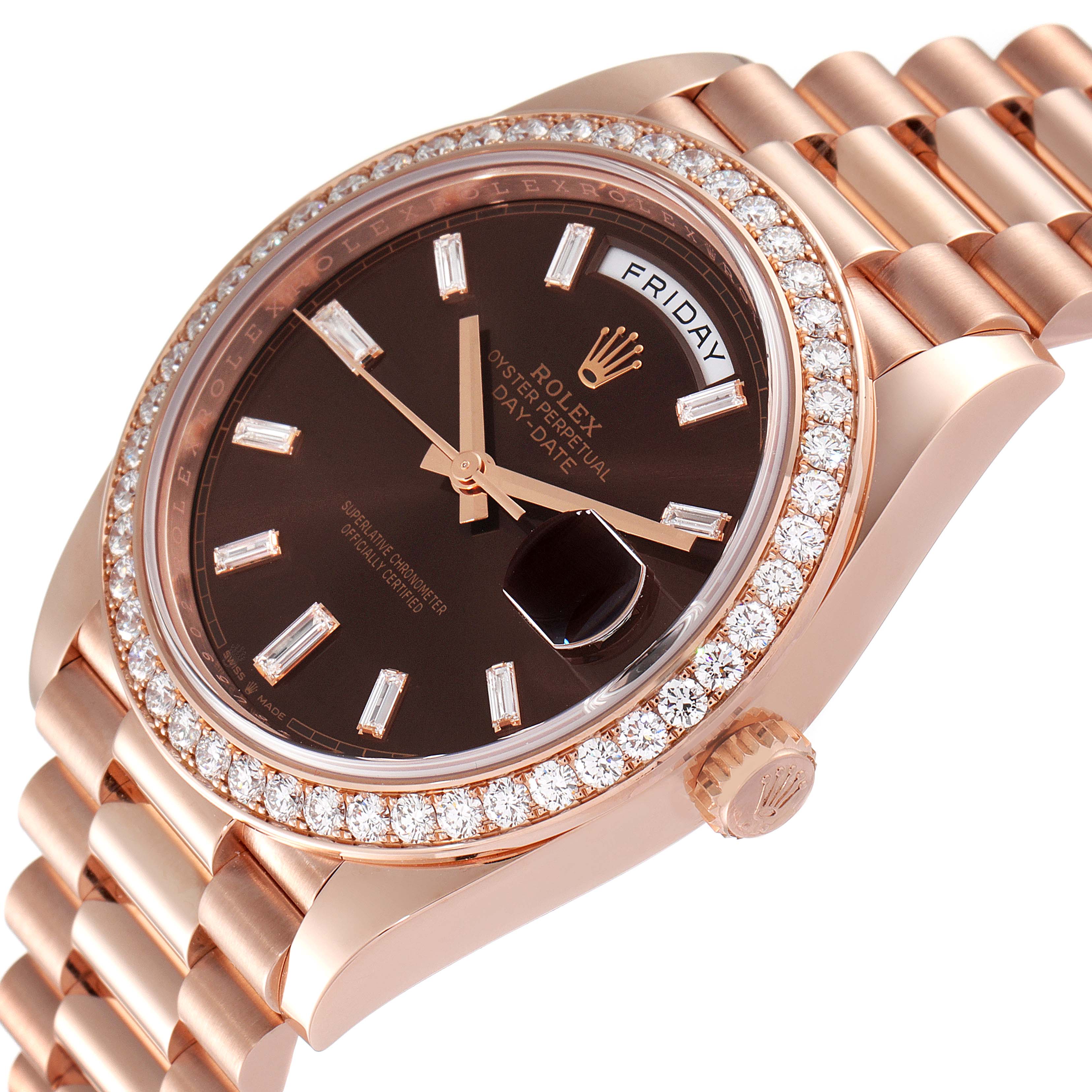 The image shows a close-up of a Rolex President 228345 Men's Rose Gold Brown Dial 228345 Men's Rose Gold Brown Dial model watch with a diamond-encrusted bezel, brown dial, and day-date display.