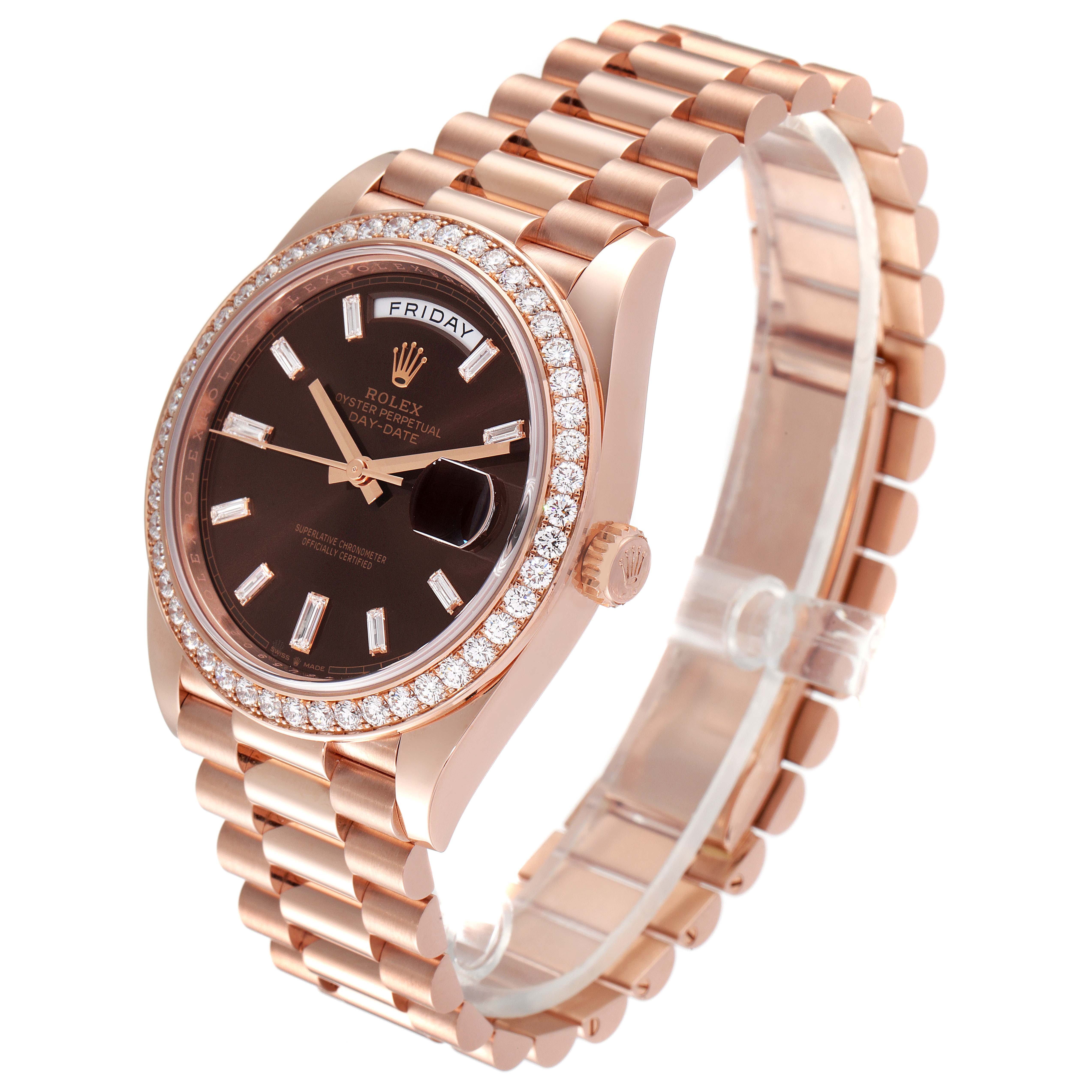 This image shows the front and side view of a Rolex President 228345 Men's Rose Gold Brown Dial 228345 Men's Rose Gold Brown Dial model watch, featuring its dial, bezel, and bracelet.