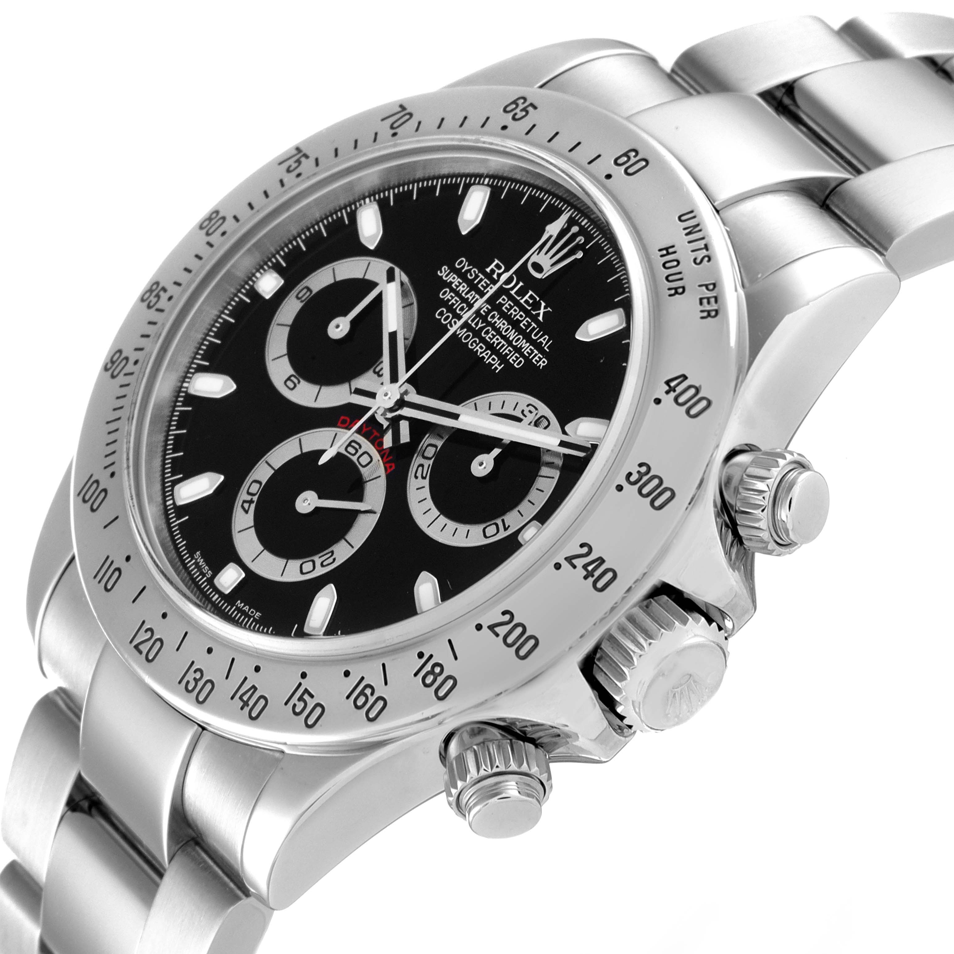 The image shows a close-up, angled view of the Rolex Daytona 116520 Men's Stainless Steel Black Dial 116520 Men's Stainless Steel Black Dial watch, highlighting the dial, bezel, crown, and pushers.