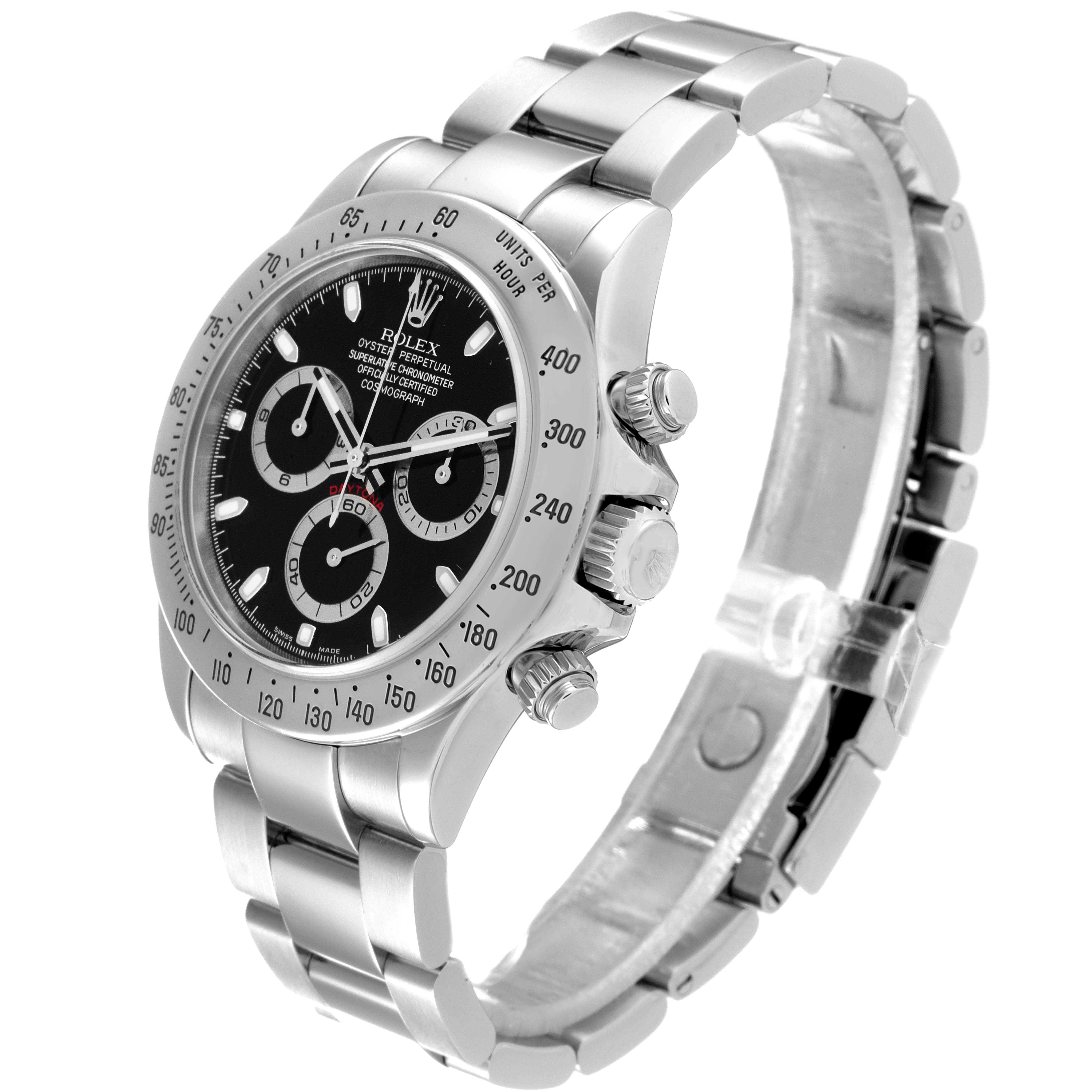 This image shows a side angle of a Rolex Daytona 116520 Men's Stainless Steel Black Dial 116520 Men's Stainless Steel Black Dial watch, highlighting its dial, bezel, crown, and bracelet.