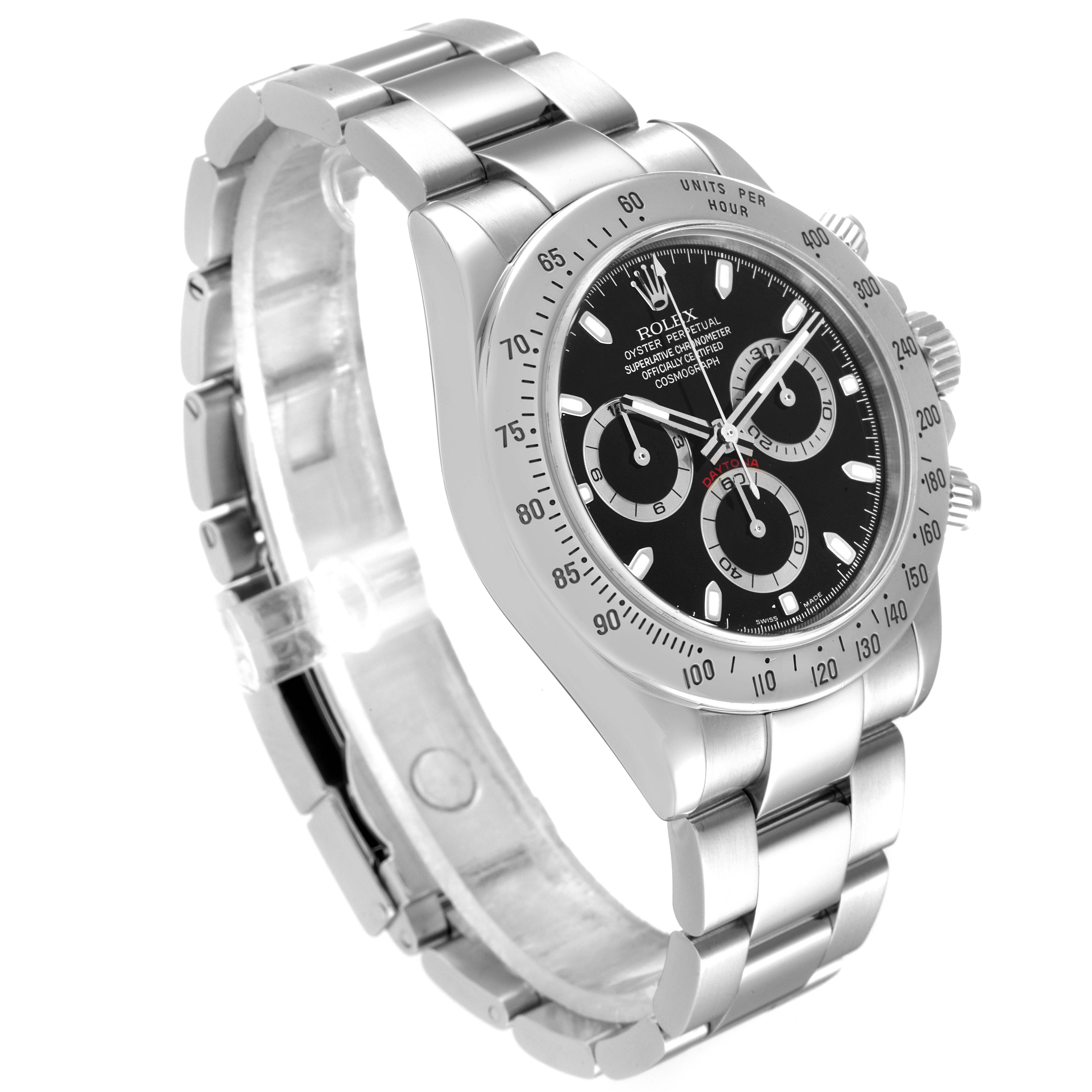 The image shows a Rolex Daytona 116520 Men's Stainless Steel Black Dial 116520 Men's Stainless Steel Black Dial watch at an angled view, highlighting its bracelet, dial, bezel, and side buttons.