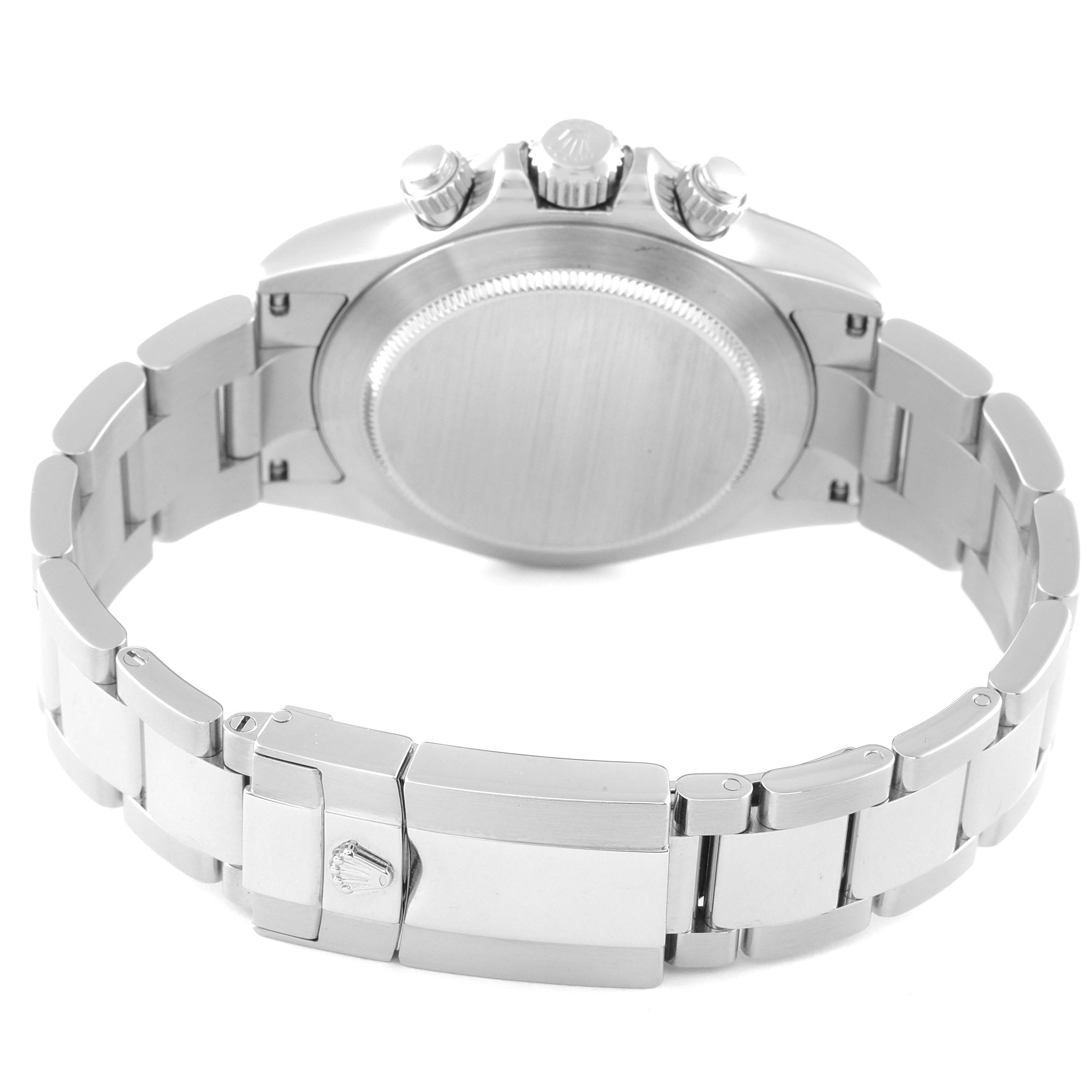 The image shows the back view of a Rolex Daytona 116520 Men's Stainless Steel Black Dial 116520 Men's Stainless Steel Black Dial watch, highlighting the bracelet, clasp, and case back.