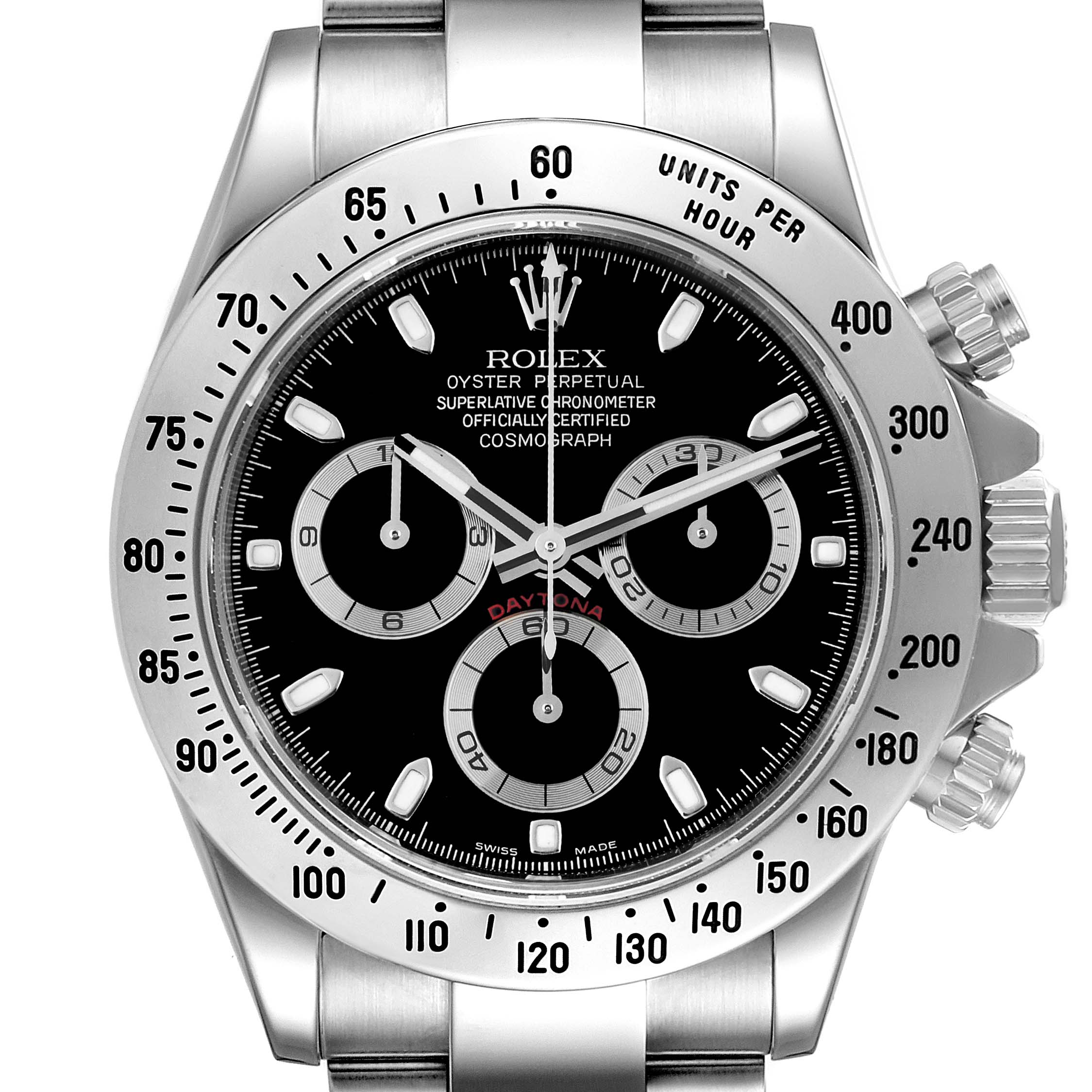 The image shows a front view of the Rolex Daytona 116520 Men's Stainless Steel Black Dial 116520 Men's Stainless Steel Black Dial watch, showcasing its black dial, chronograph subdials, and stainless steel case and bracelet.